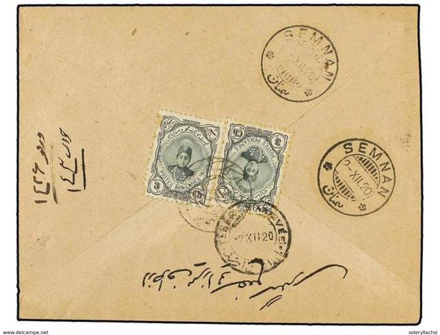 3514 IRAN. Mi.306 (2). 1920. <B>3 Ch. </B>brown And Green With Seal Struck Of <B>SEMNAN</B> On Cover Reverse. FINE. - Other & Unclassified