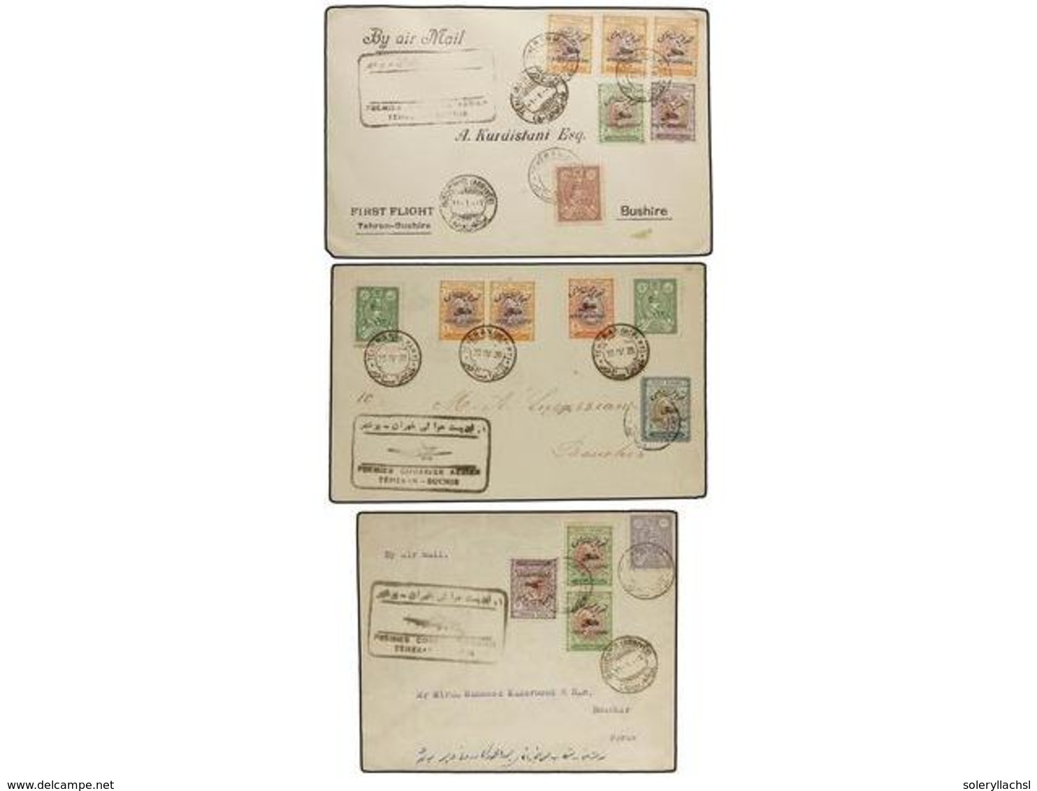 3518 IRAN. 1928 (20-IV). TEHERAN To BOUCHIR. <B>AIR MAIL. FIRST FLIGHT </B>(Muller 21). Group Of Three Covers, Diverse F - Other & Unclassified