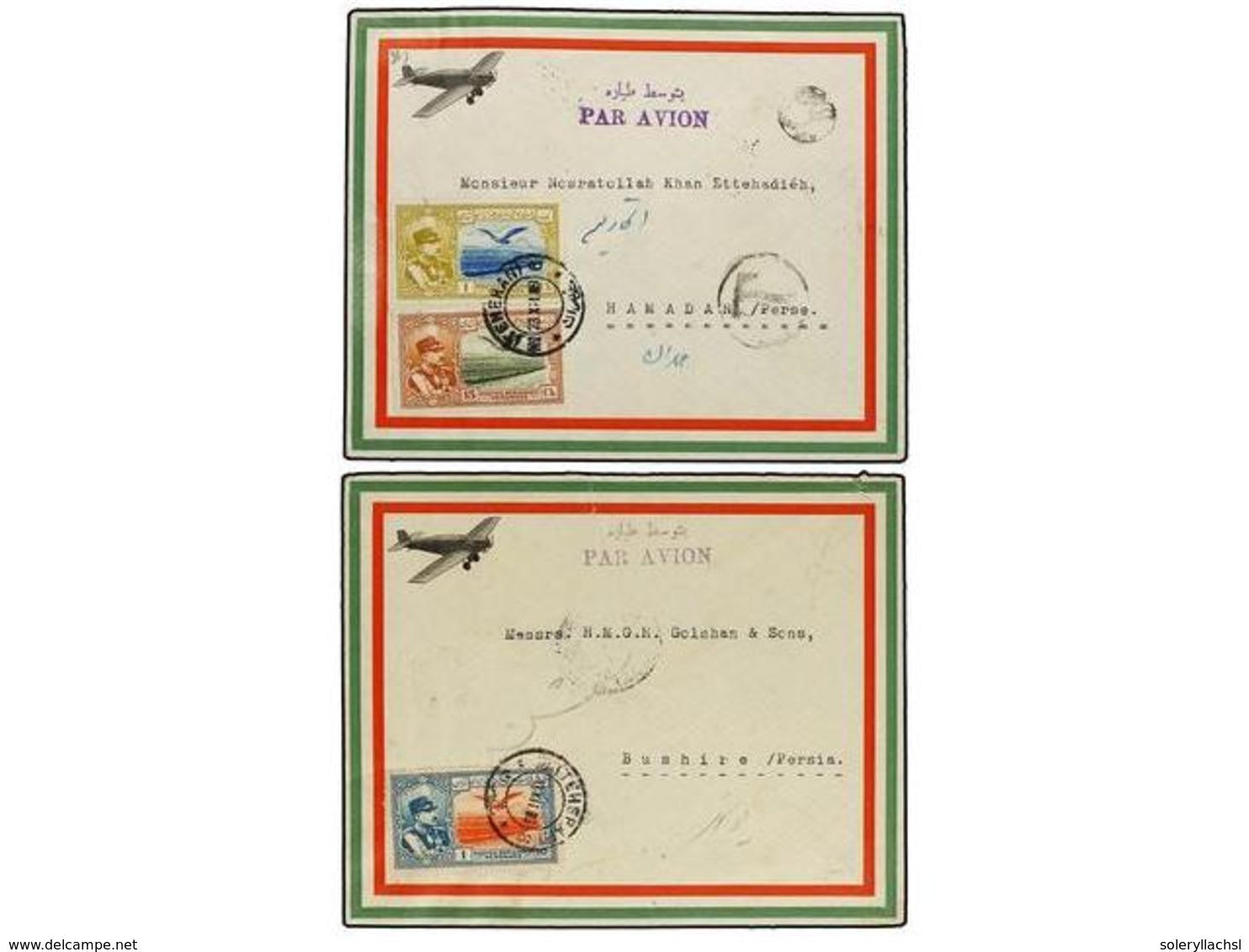 3527 IRAN. 1929. <B>AIR MAIL.</B> 2 Ilustrated Envelopes With The Colours Of The Iranian Flag. - Other & Unclassified