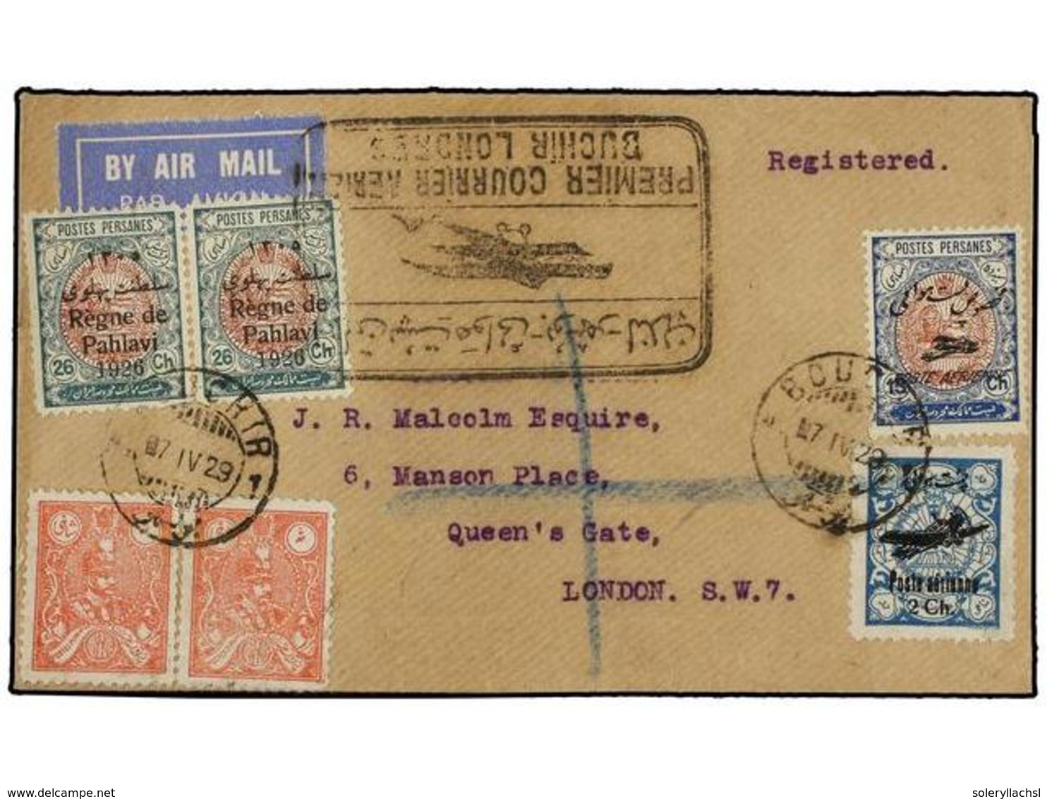 3529 IRAN. Mi.526 (2), 538 (2), 550, 570. 1929 (7-IV). BOUCHIR To LONDON. <B>AIR MAIL. FIRST FLIGHT </B>(Mu. 28). - Sonstige & Ohne Zuordnung