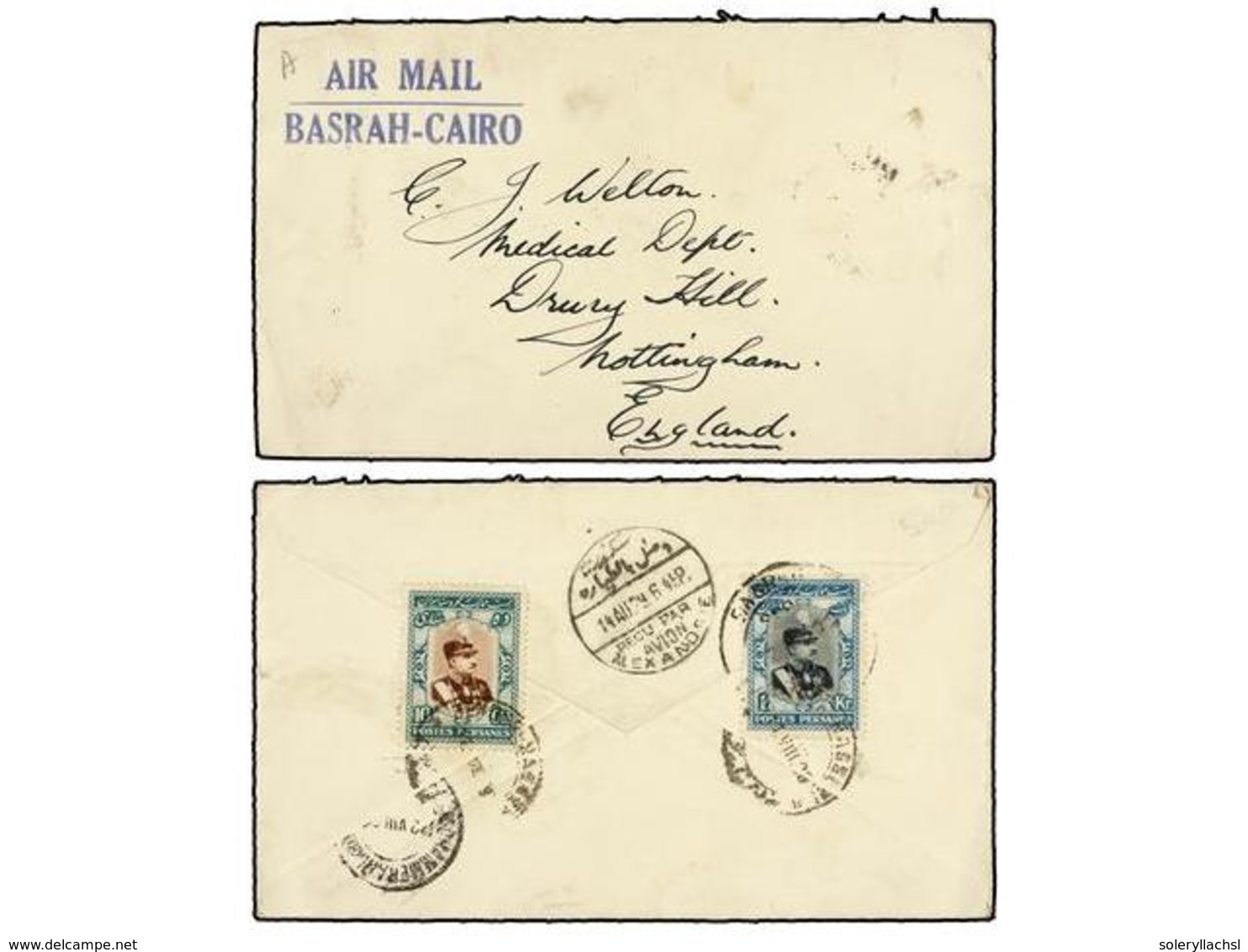 3533 IRAN. Mi.587, 590. 1929. Cover Sent To GREAT BRITAIN. <B>AIR MAIL BASRAH-CAIRO</B>, Alexandrie Transit. - Other & Unclassified