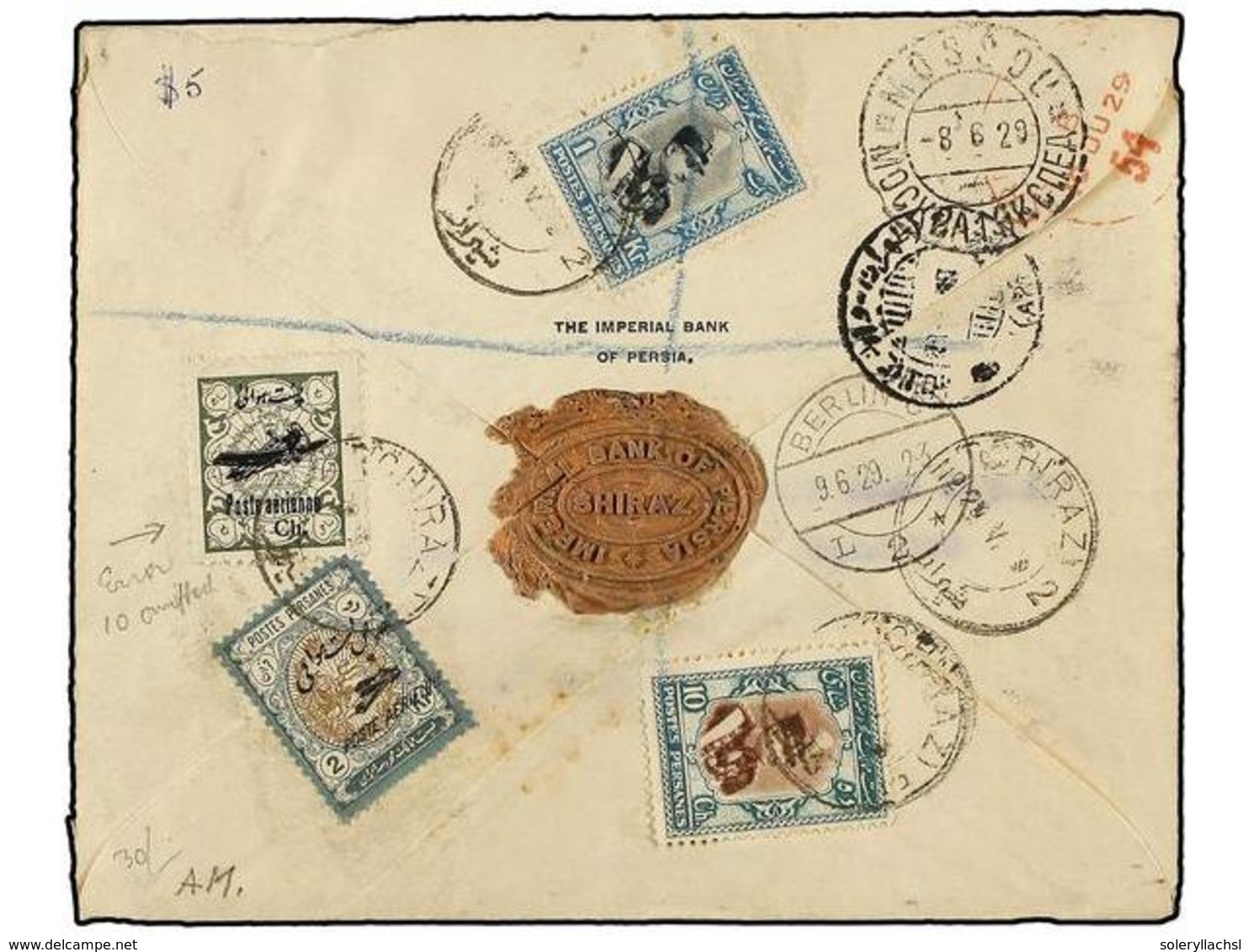 3534 IRAN. Mi.553, 573, 586, 590. 1929 (21-V). CHIRAZ To LONDON. <B>AIR MAIL</B> Via Mosard And Berlín, Franked With <B> - Sonstige & Ohne Zuordnung