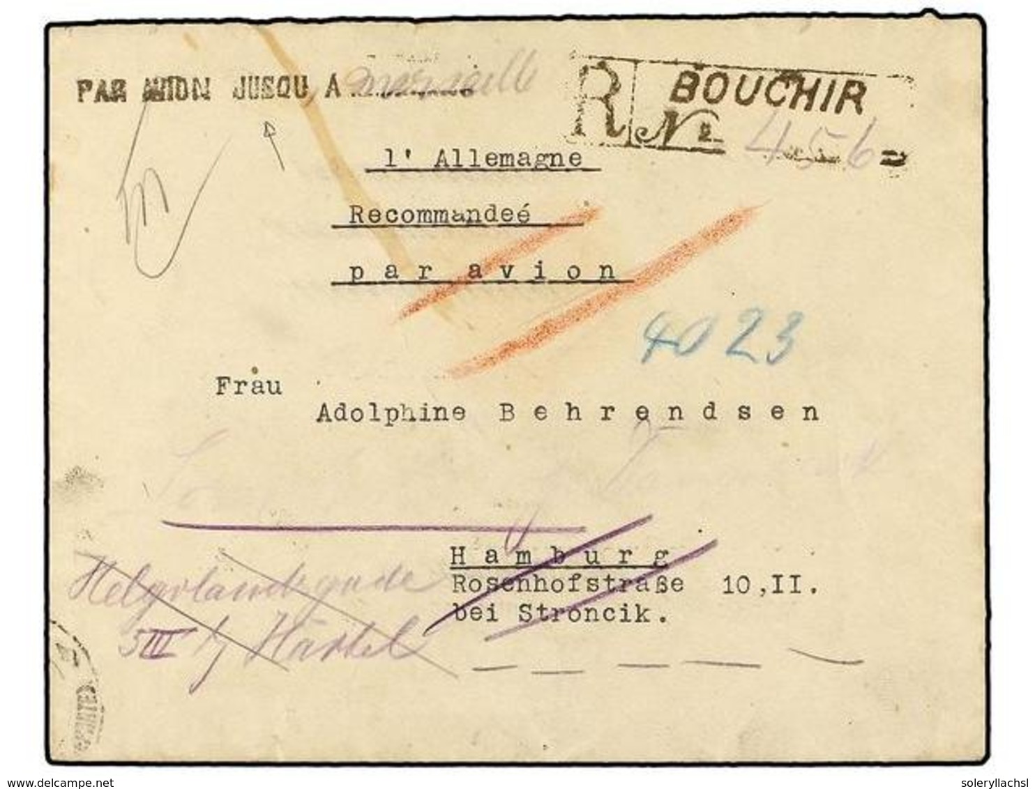 3553 IRAN. Mi.592, 608 (2). 1933. BOUCHIER To GERMANY. <B>AIR MAIL</B>. Lineal Mark <B>PAR AVION JUSQU A MARSEILLE.</B> - Other & Unclassified