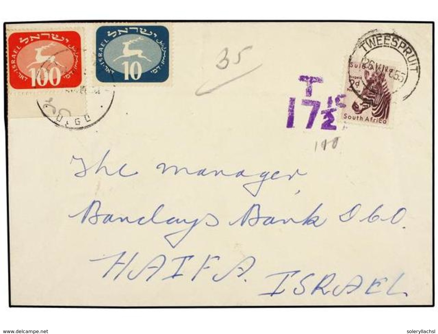 3562 ISRAEL. 1955. SOURH AFRICA To HAIFA. <B>2 D. </B>purple, Taxed On Arrival With Israel <B>10 F. </B>blue And <B> 100 - Other & Unclassified