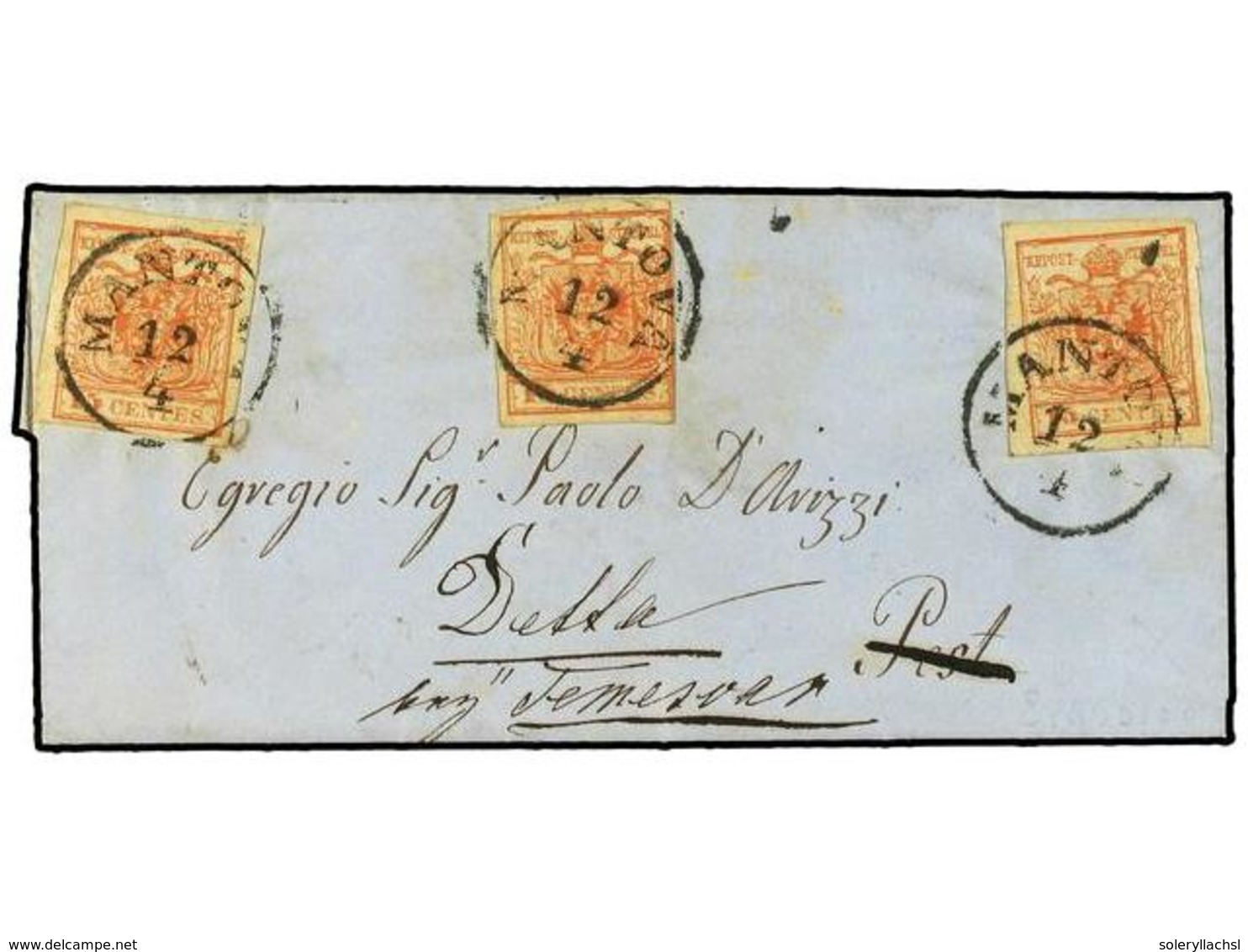 3569 ITALIA ANTIGUOS ESTADOS: LOMBARDO-VENECIA. 1857. MANTOVA A PEST (Hungria). <B>15 Cents.</B> Rojo (3) Reexpedida Pos - Other & Unclassified