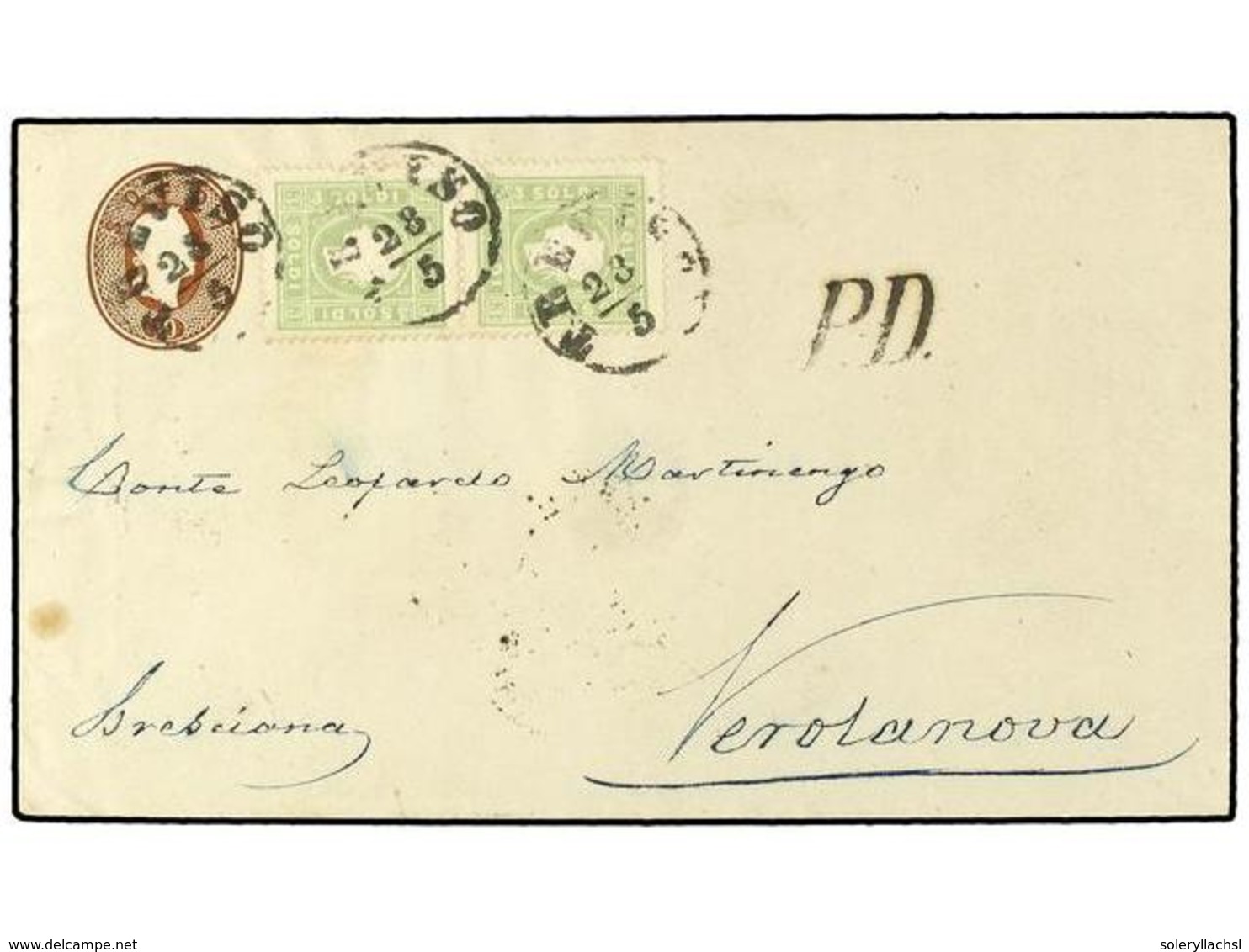 3574 ITALIA ANTIGUOS ESTADOS: LOMBARDO-VENECIA. 1863. <B>10 S.</B> Brown Postal Stationery Envelope (H&G 3), Uprated Wit - Other & Unclassified