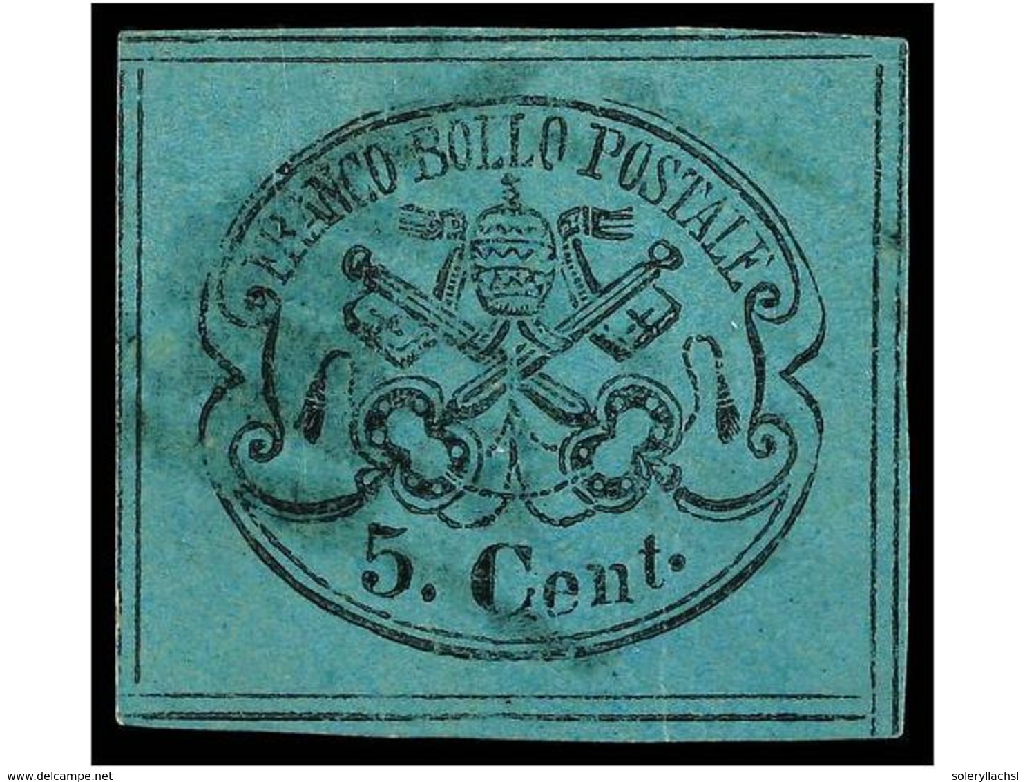 3584 ° ITALIA ANTIGUOS ESTADOS: ESTADOS PONTIFICIOS. Sa.16. 1867. <B>5 Cent.</B> Azul Verdoso Con Los 8 FILETES De Separ - Sonstige & Ohne Zuordnung