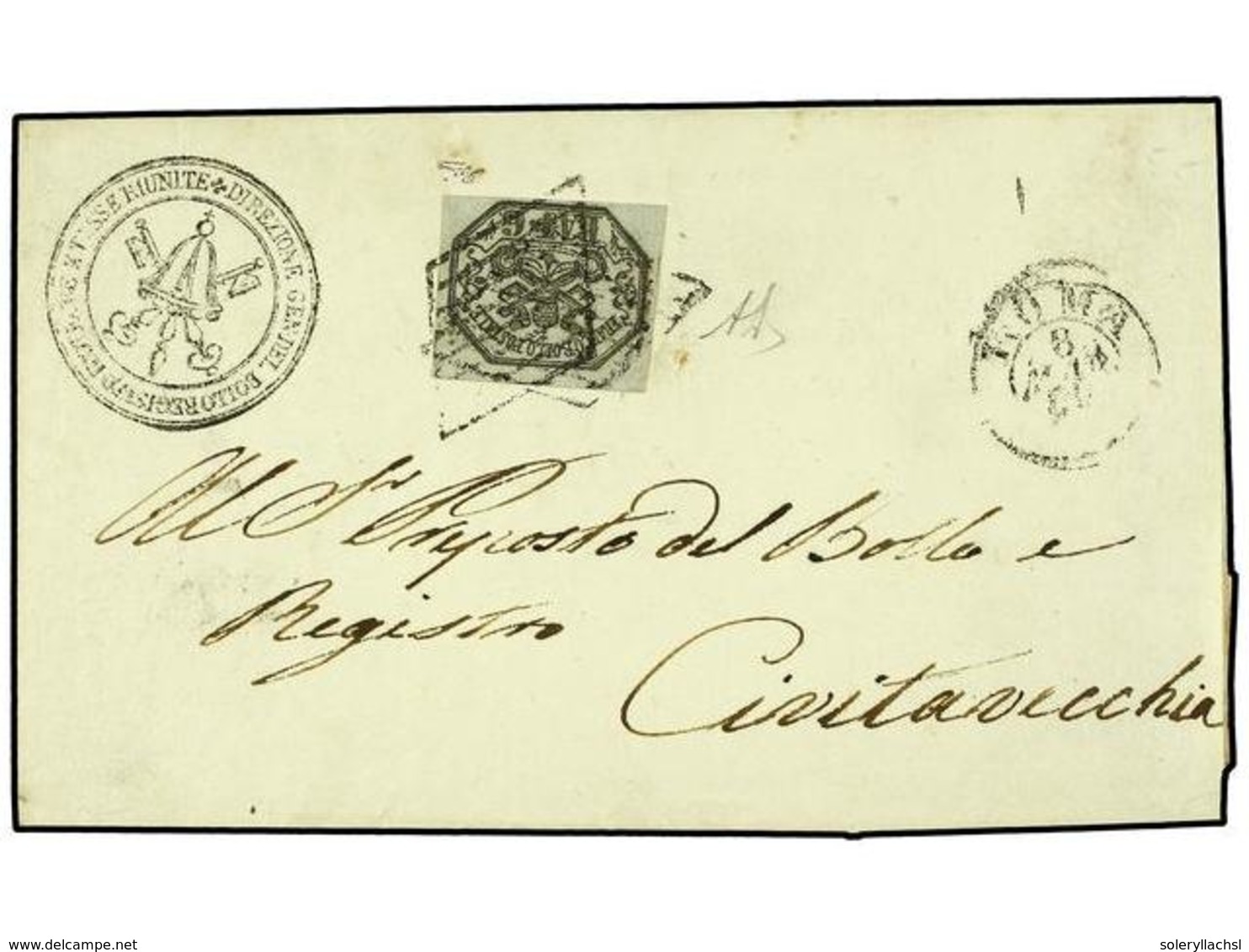 3592 ITALIA ANTIGUOS ESTADOS: ESTADOS PONTIFICIOS. Sa.7A. 1856. ROMA A CIVITAVECCHIA. <B>6 Baj.</B> Lila Gris Papel Oleo - Other & Unclassified