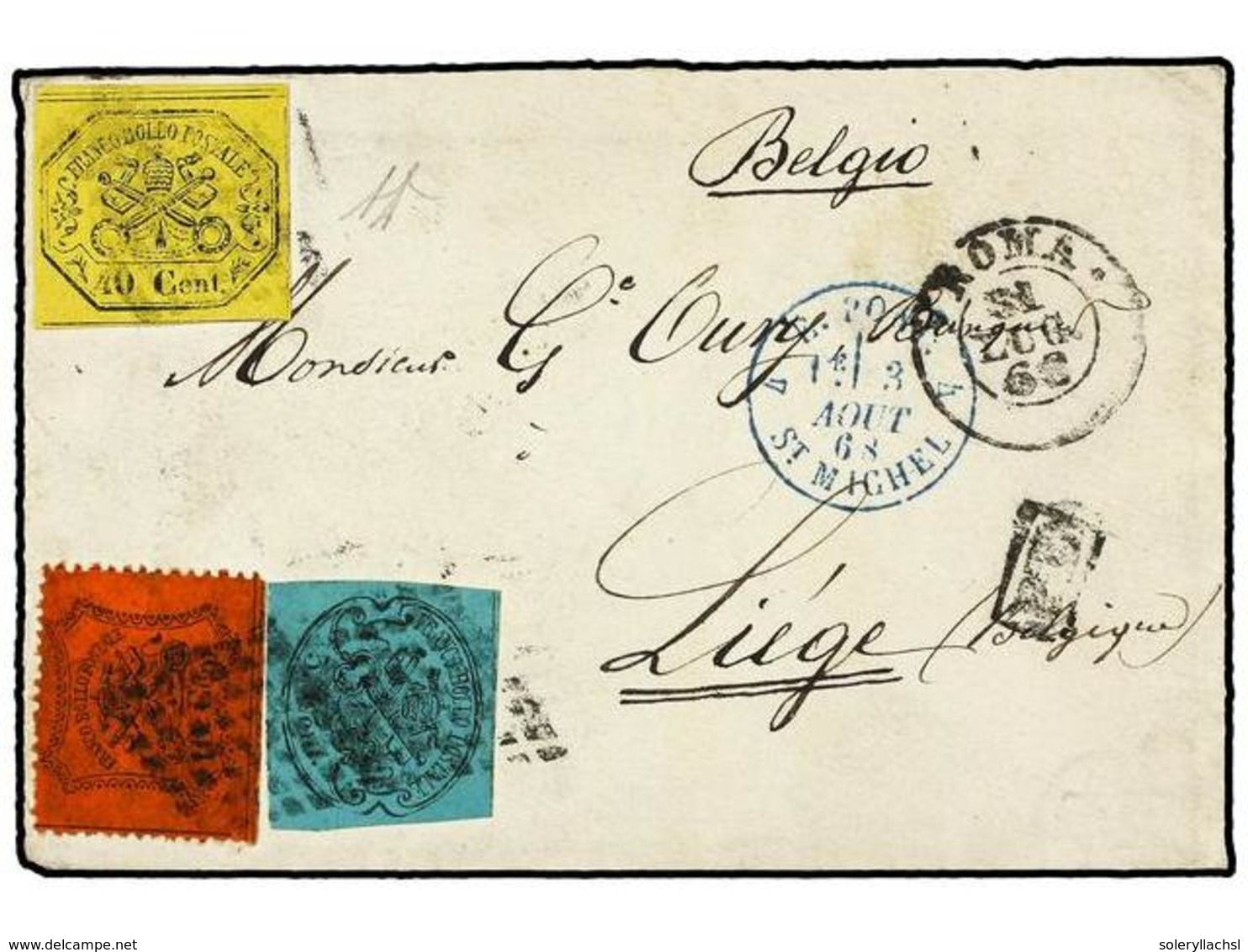 3600 ITALIA ANTIGUOS ESTADOS: ESTADOS PONTIFICIOS. Sa.16, 19, 26. 1868 (July 31). Cover To LIEGE (Belgium) Franked By Im - Sonstige & Ohne Zuordnung