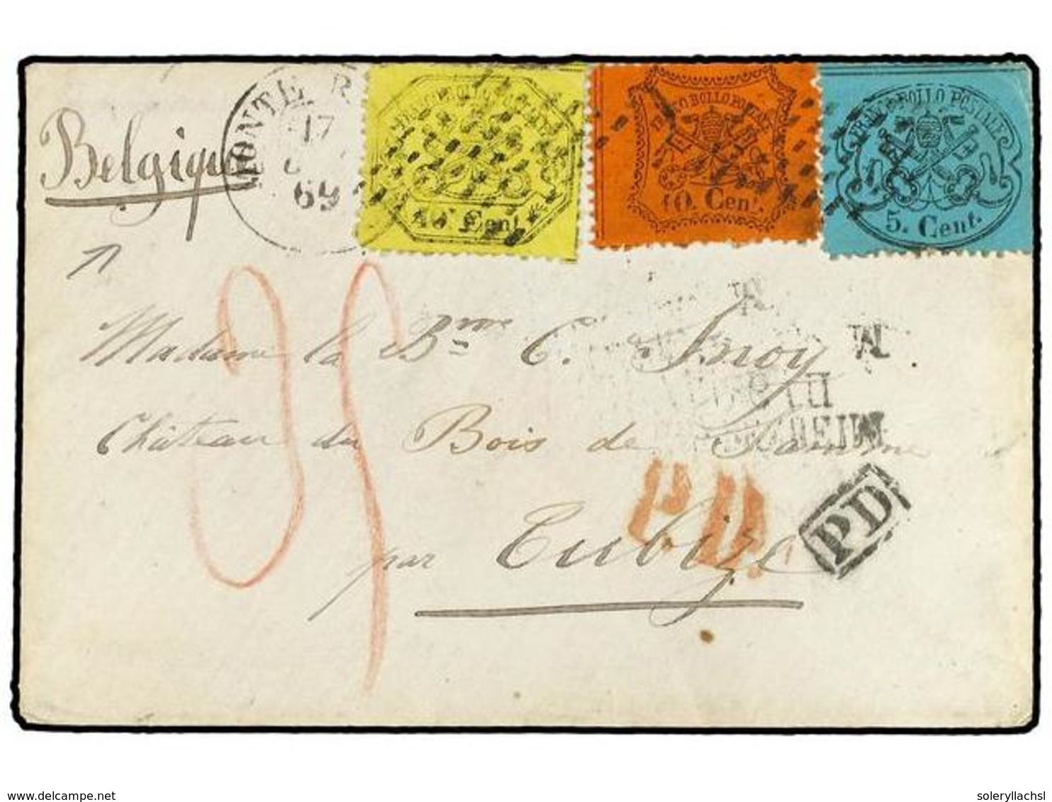 3601 ITALIA ANTIGUOS ESTADOS: ESTADOS PONTIFICIOS. Sc.21, 22, 24. 1869 (June 17). Cover To BELGIUM With Perf. 1868 <B>5c - Sonstige & Ohne Zuordnung