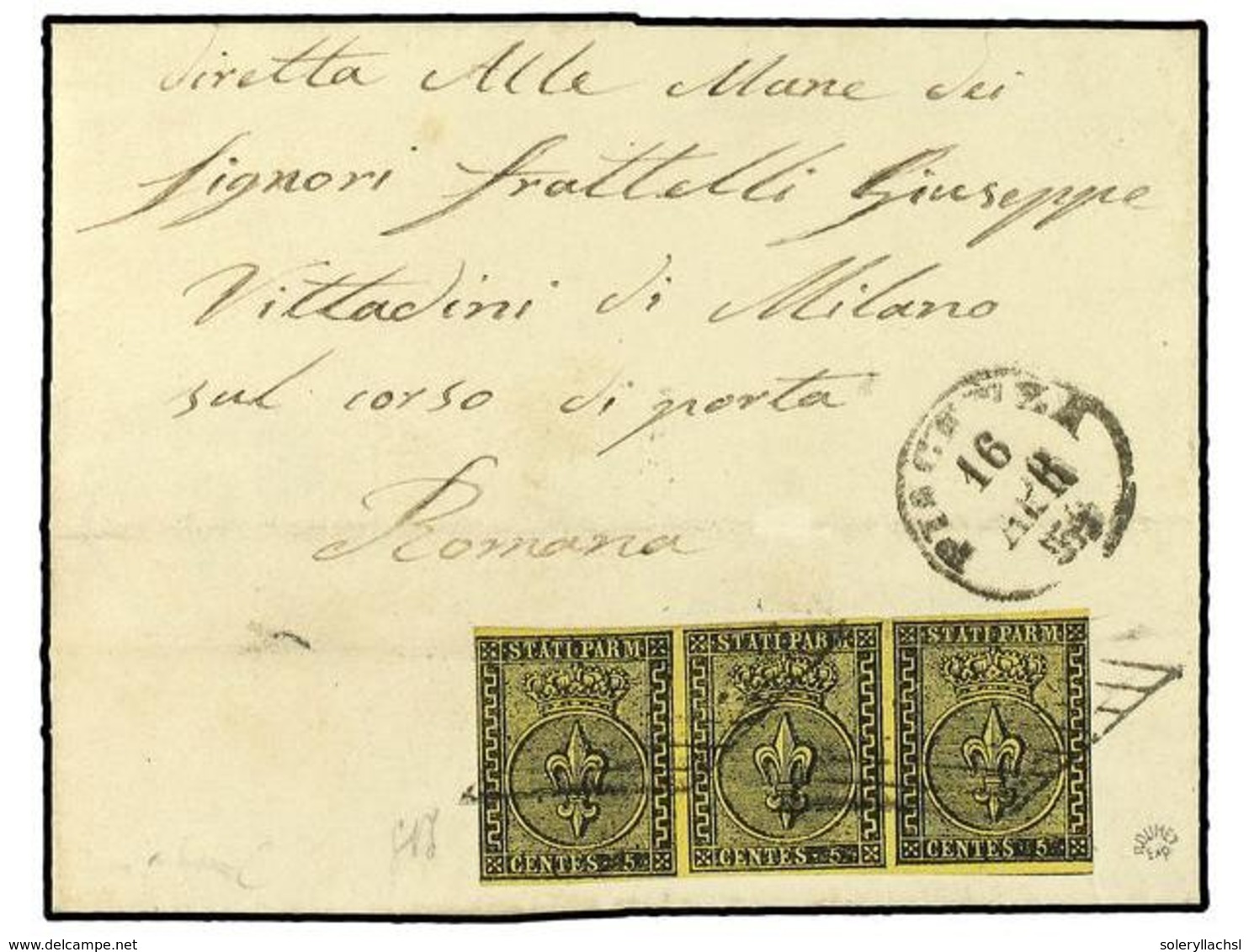 3604 ITALIA ANTIGUOS ESTADOS: PARMA. Sa.1(3). 1853. PIACENSA A ROMANA. <B>5 Cents.</B> Negro S. Amarillo. Tira De Tres,  - Other & Unclassified