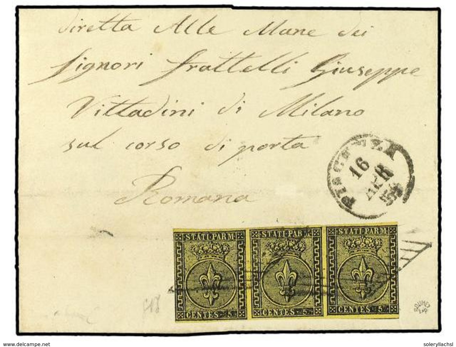 3604 ITALIA ANTIGUOS ESTADOS: PARMA. Sa.1(3). 1853. PIACENSA A ROMANA. <B>5 Cents.</B> Negro S. Amarillo. Tira De Tres,  - Sonstige & Ohne Zuordnung