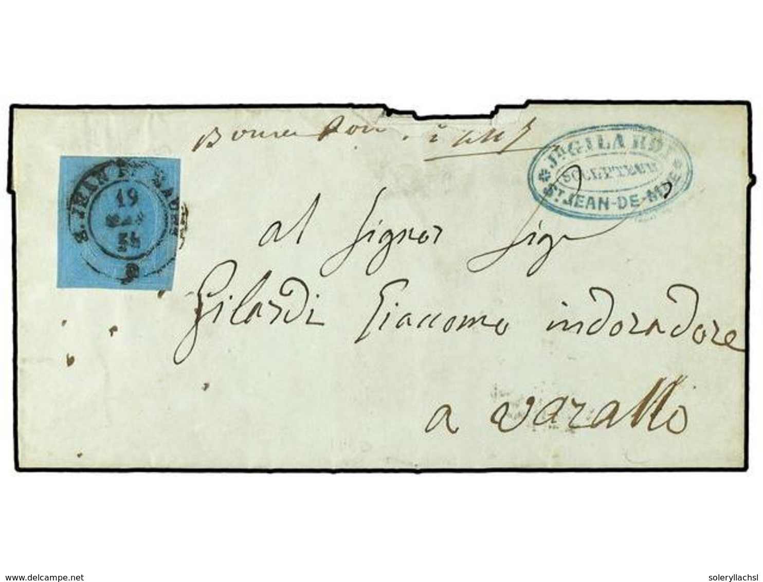 3606 ITALIA ANTIGUOS ESTADOS: CERDEÑA. 1854. ST. JEAN DE MAUR.E (Savoie) A VARALLO.<B> 20 Cts.</B> Azul, Mat. <B>S. JEAN - Sonstige & Ohne Zuordnung