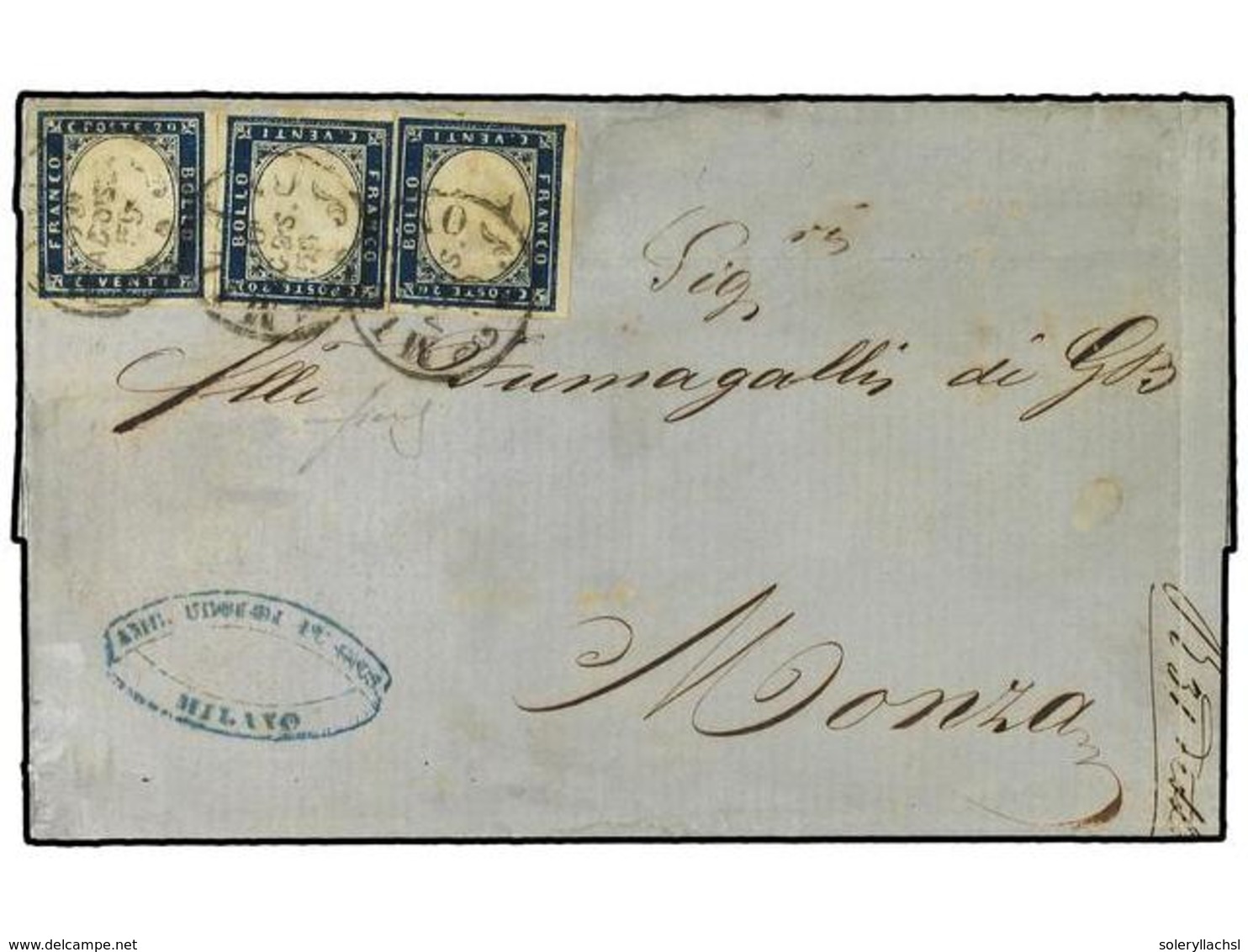 3609 ITALIA ANTIGUOS ESTADOS: LOMBARDO-VENECIA. Sa.15B(3). 1855. MILANO A MONZA. <B>20 Cts.</B> Azul Oscuro, Tres Sellos - Altri & Non Classificati