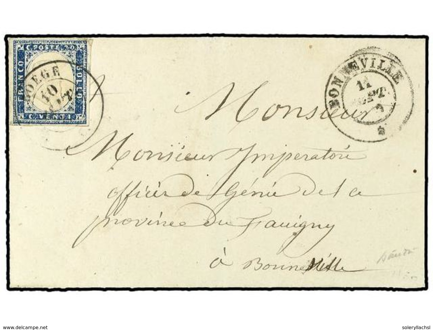 3610 ITALIA ANTIGUOS ESTADOS: CERDEÑA. 1860. BOEGE (Savoie) A BONNEVILLE. <B>20 Cts.</B> Azul, Mat. Fechador <B>BOEGE /  - Autres & Non Classés