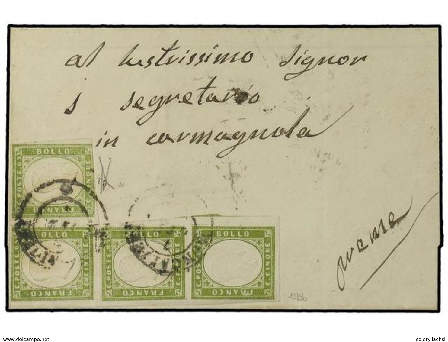 3611 ITALIA ANTIGUOS ESTADOS: CERDEÑA. Sa.13Bb(4). 1860 (7-Oct.). MONCALIERI A CARMAGNOLA. <B>5 Cts.</B> Verde, Tira Irr - Other & Unclassified