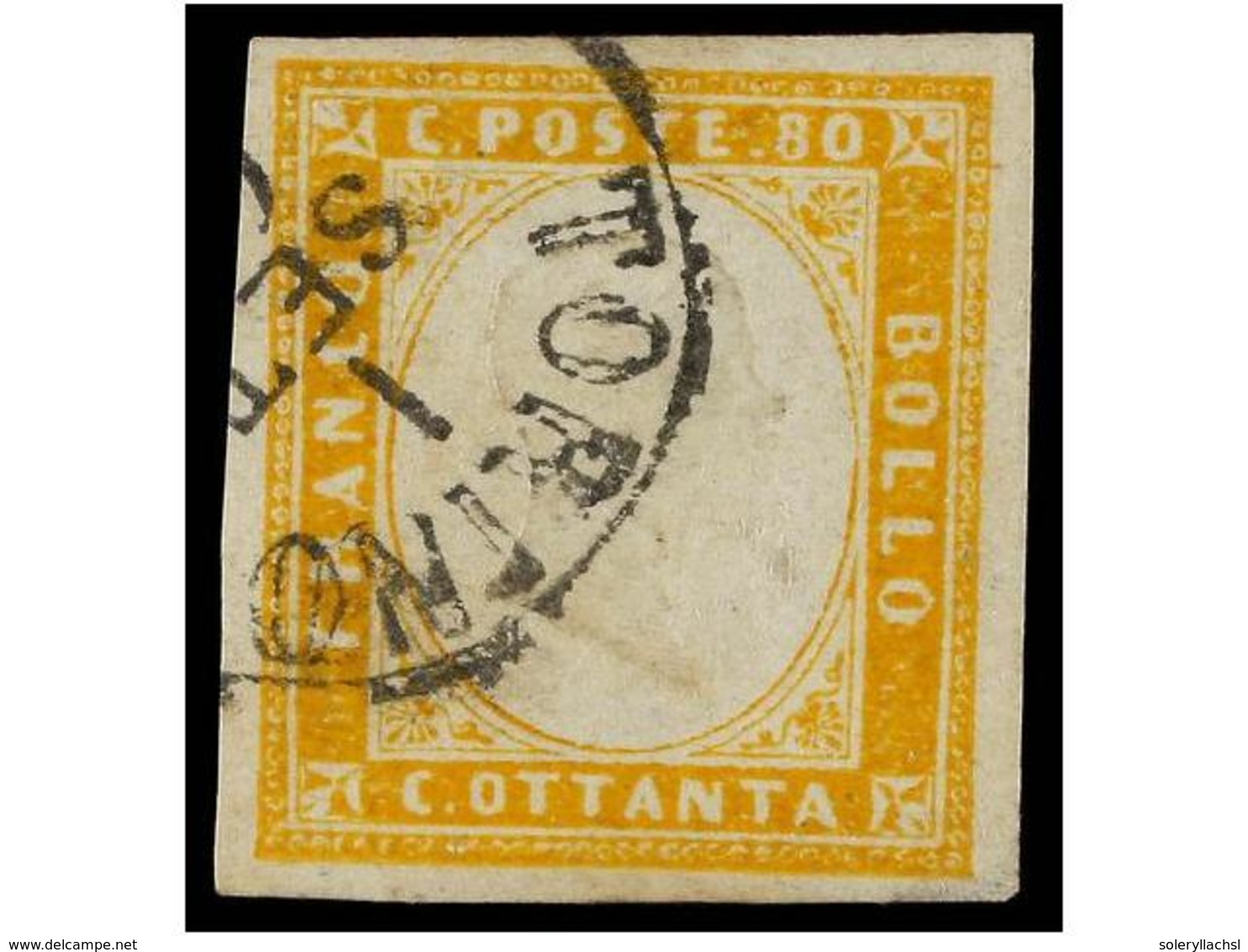 3612 ° ITALIA ANTIGUOS ESTADOS: CERDEÑA. Sa.17D. 1861. <B>80 Cts. </B>yellow. <B>TORINO</B> Cds. Very Fine. Sassone.700? - Other & Unclassified