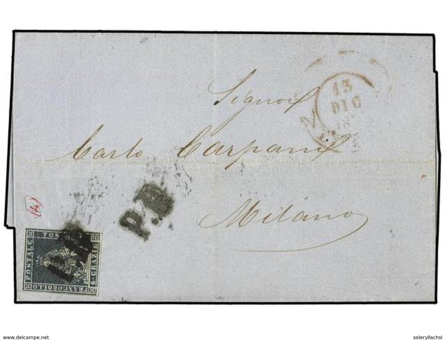 3617 ITALIA ANTIGUOS ESTADOS: TOSCANA. Sa.7. 1854. LIVORNO A MILANO. <B>6 Cr.</B> Azul Gris, Cuatro Grandes Márgenes. Ma - Other & Unclassified