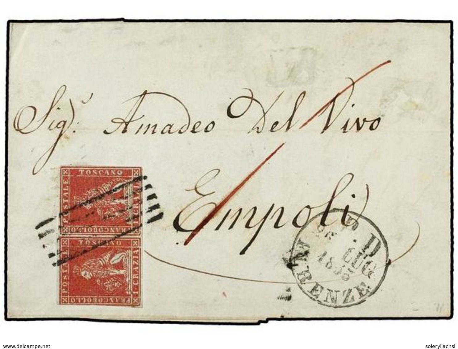 3620 ITALIA ANTIGUOS ESTADOS: TOSCANA. Sa.4. 1855. FIRENZE A EMPOLI. <B>1 Cr.</B> Rojo, Pareja Márgenes Completos, Uno A - Sonstige & Ohne Zuordnung