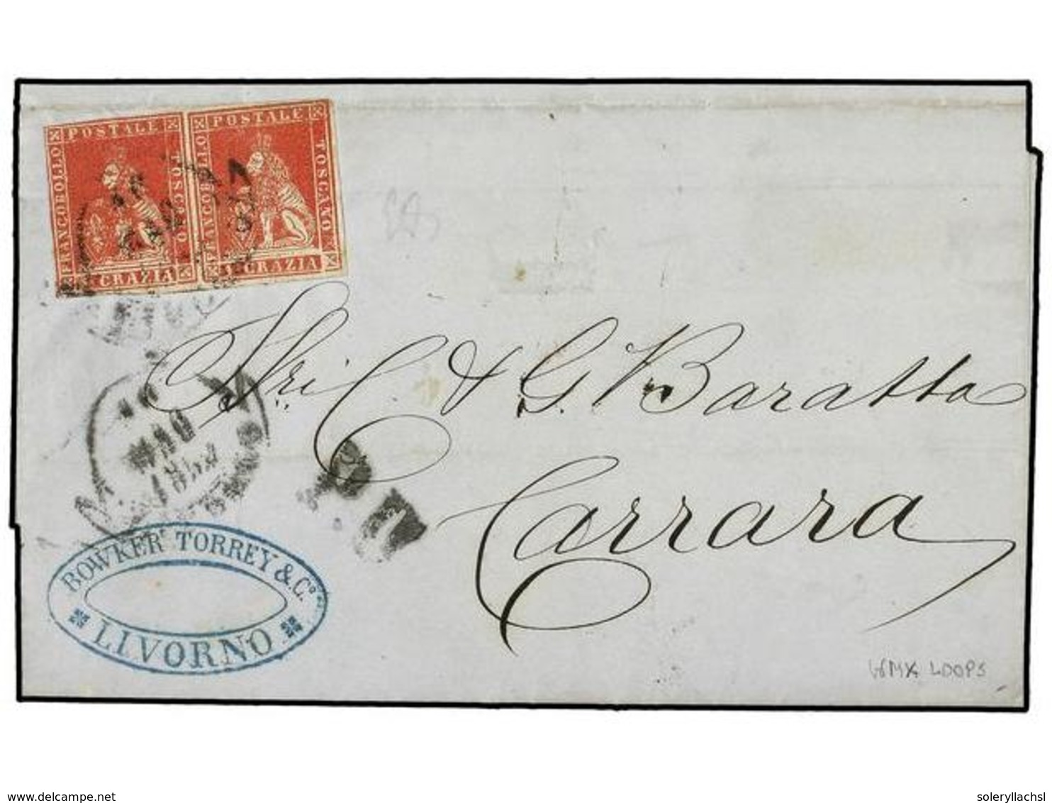 3621 ITALIA ANTIGUOS ESTADOS: TOSCANA. Sa.12 (2). 1857. LIVORNO A CARRARA. <B>1 Cr.</B> Rojo Pareja, Márgenes Completas, - Sonstige & Ohne Zuordnung