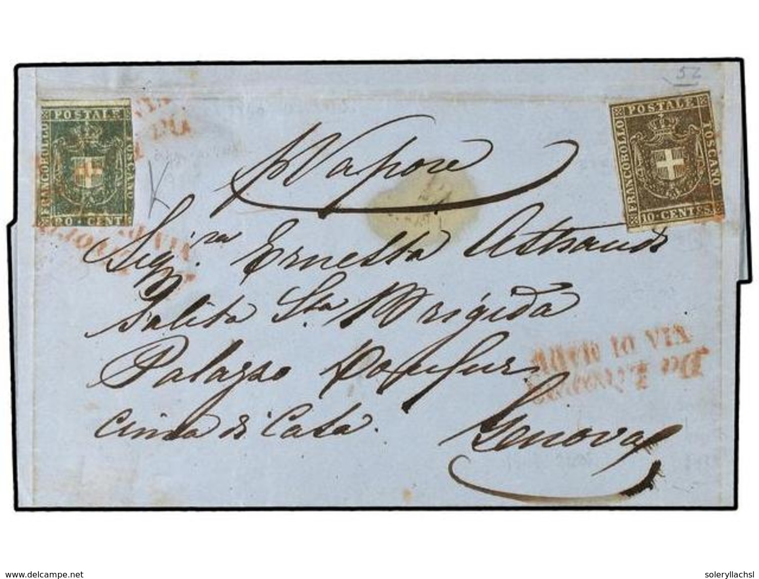 3624 ITALIA ANTIGUOS ESTADOS: TOSCANA. Sa.19,20c. 1860. LIVORNO A GENOVA.<B> 10 Cts.</B> Castaño Y <B>20 Cts.</B> Verde  - Other & Unclassified