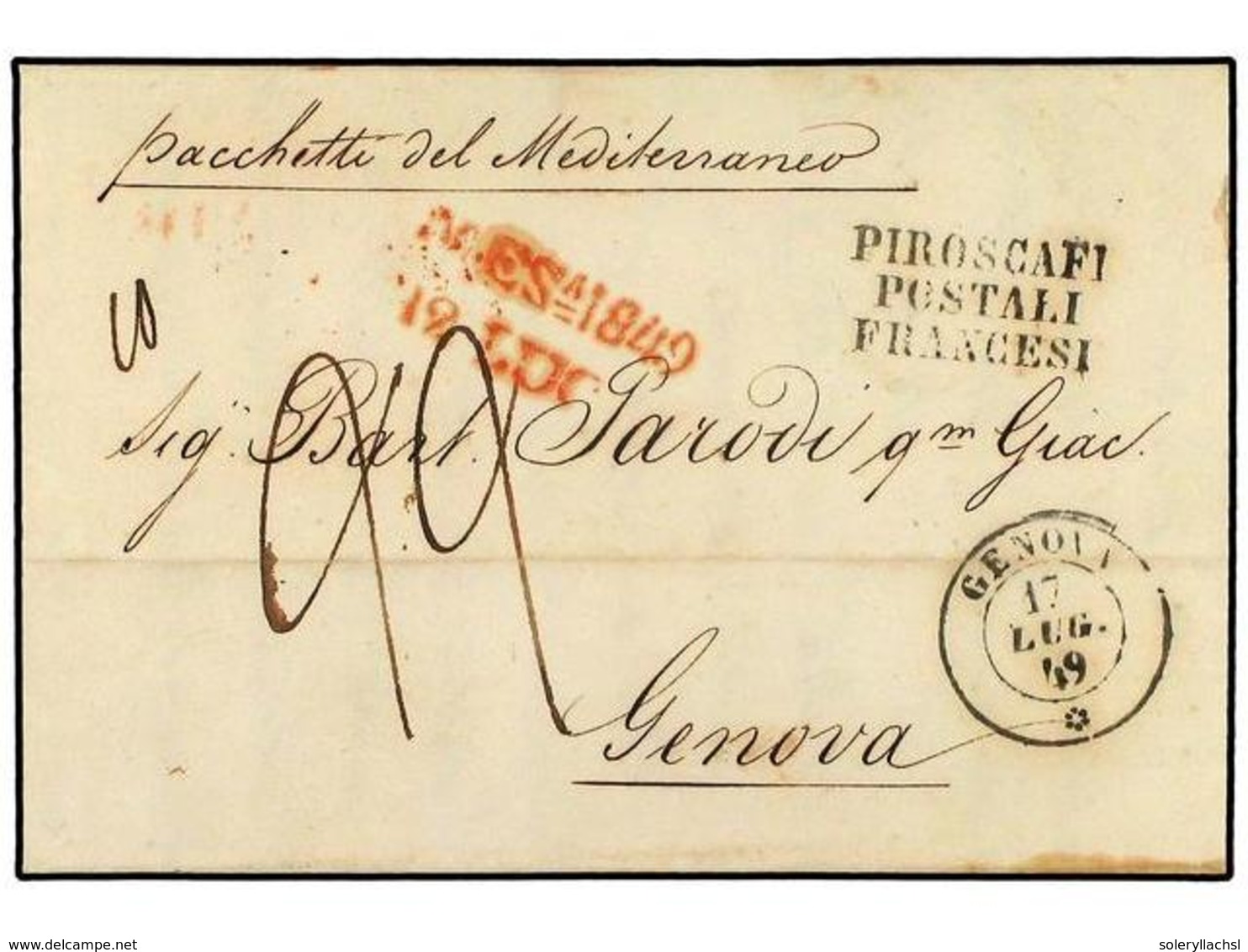 3652 ITALIA. 1849 (July 17). Entire Letter To GENOA From MESSINA Bearing The Unique Strike In Black Of Three Line <B>PIR - Other & Unclassified