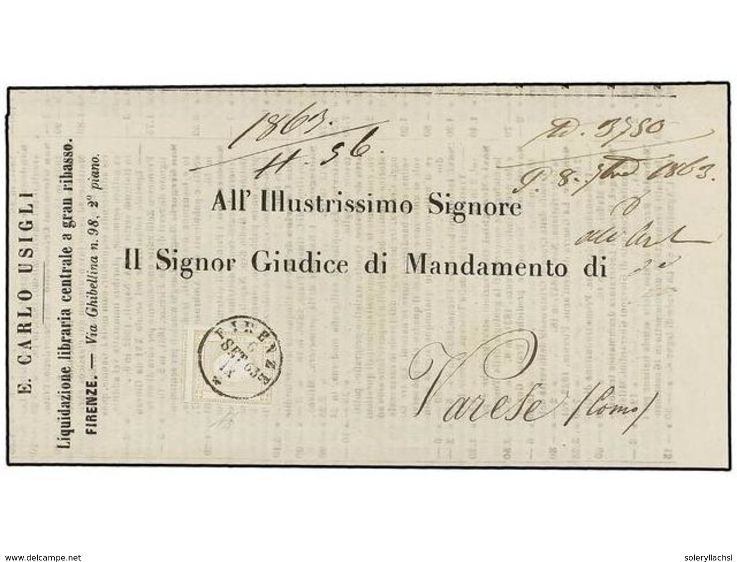 3659 ITALIA. Sa.10. 1863. FIRENZE A VARESE. <B>2 Cent.</B> Bistre. Impreso. MUY BONITA. - Otros & Sin Clasificación