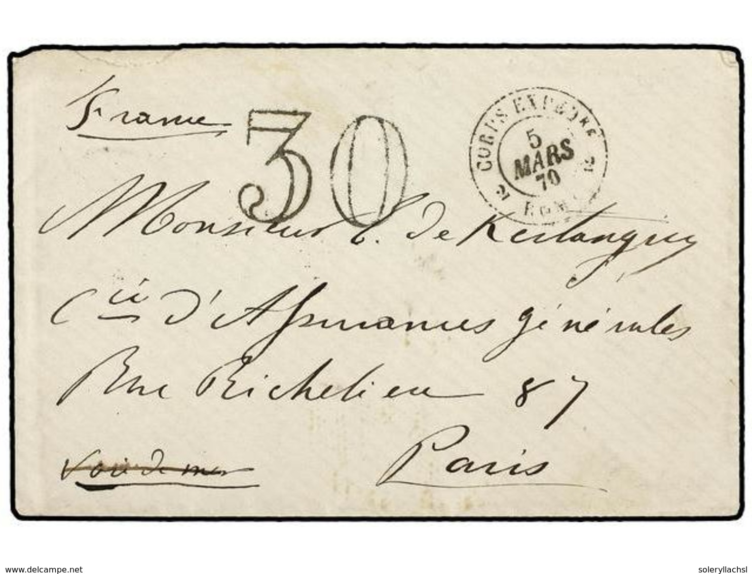 3663 ITALIA. 1870. Sobre Circulado A FRANCIA. Fechador <B>CORPS EXPEDRE./2ROME2</B> En Negro Y Tasa <B>'30'</B>. Precios - Sonstige & Ohne Zuordnung