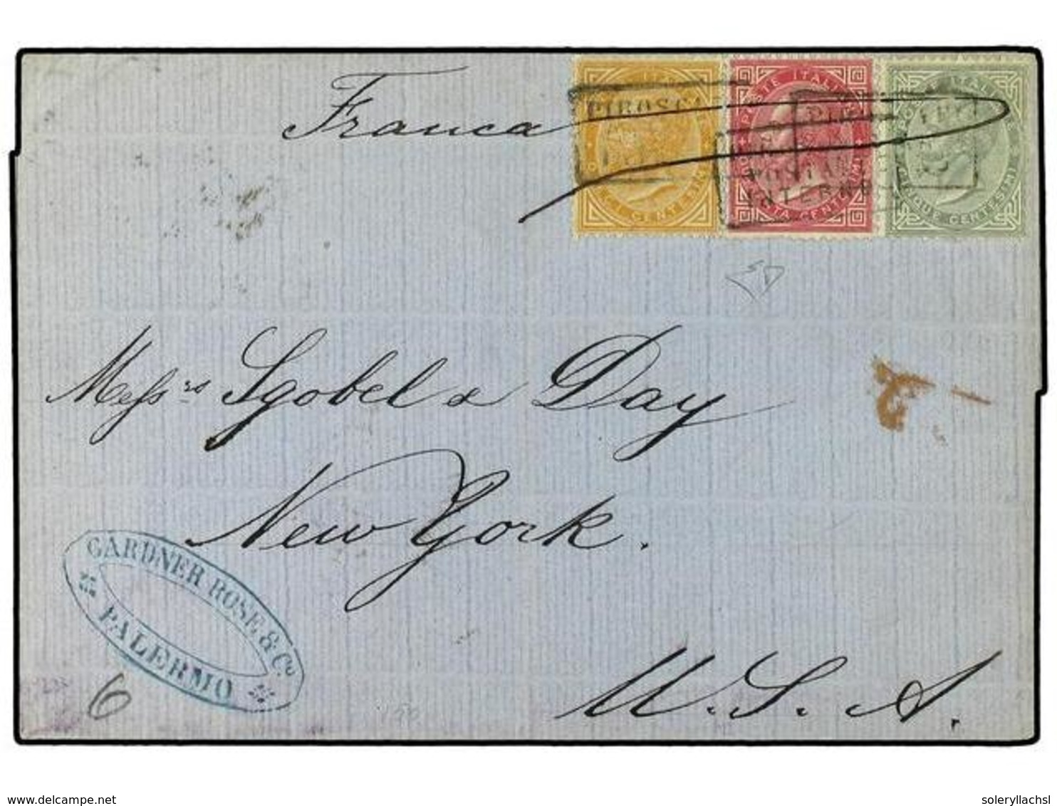3666 ITALIA. 1875. Wrapper To New York From Palermo  With <B>5c, 10c. & 40c.</B> VEII Tricolour Franking Tied By Boxed < - Sonstige & Ohne Zuordnung