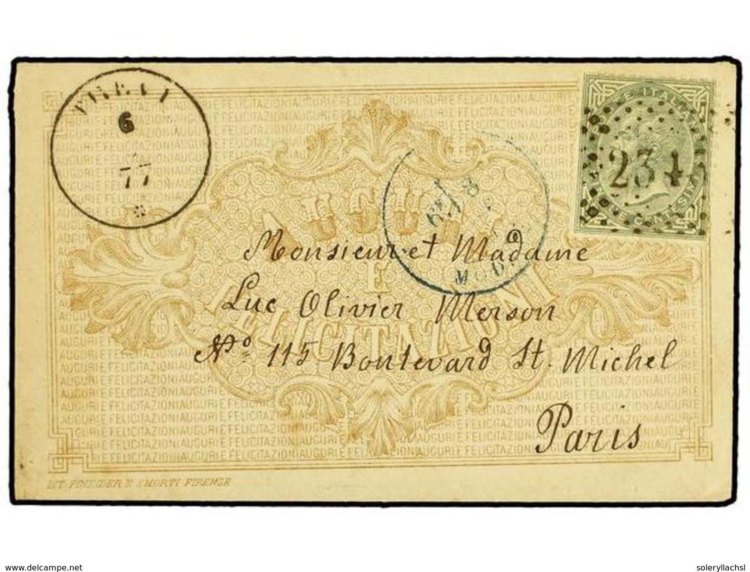 3667 ITALIA. 1877. Superb Small Brown Printed Envelope 'Auguri E Felicitazione' Used To PARIS Franked By 1863-77 <B>5c.< - Sonstige & Ohne Zuordnung