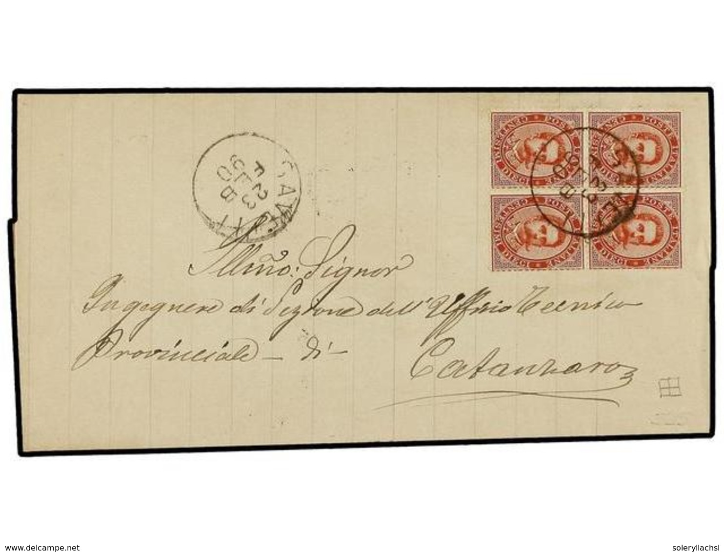 3668 ITALIA. 1890. Wrapper To <B>Catanzaro,</B> Franked Two Pairs <B>10c.</B> Umberto Tied By <B>Cavelli </B>date Stamp. - Sonstige & Ohne Zuordnung