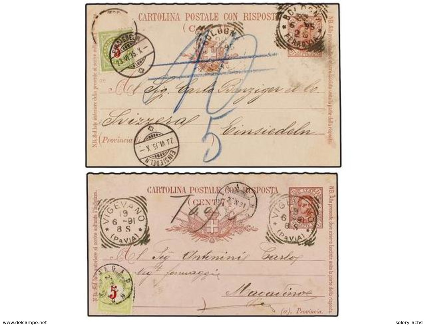 3669 ITALIA. 1891-95. 2 Enteros Postales De <B>7 1/2 Cts. Y 15 Cts. </B>circulados A Suiza, Tasados A La Llegada Con Sel - Other & Unclassified