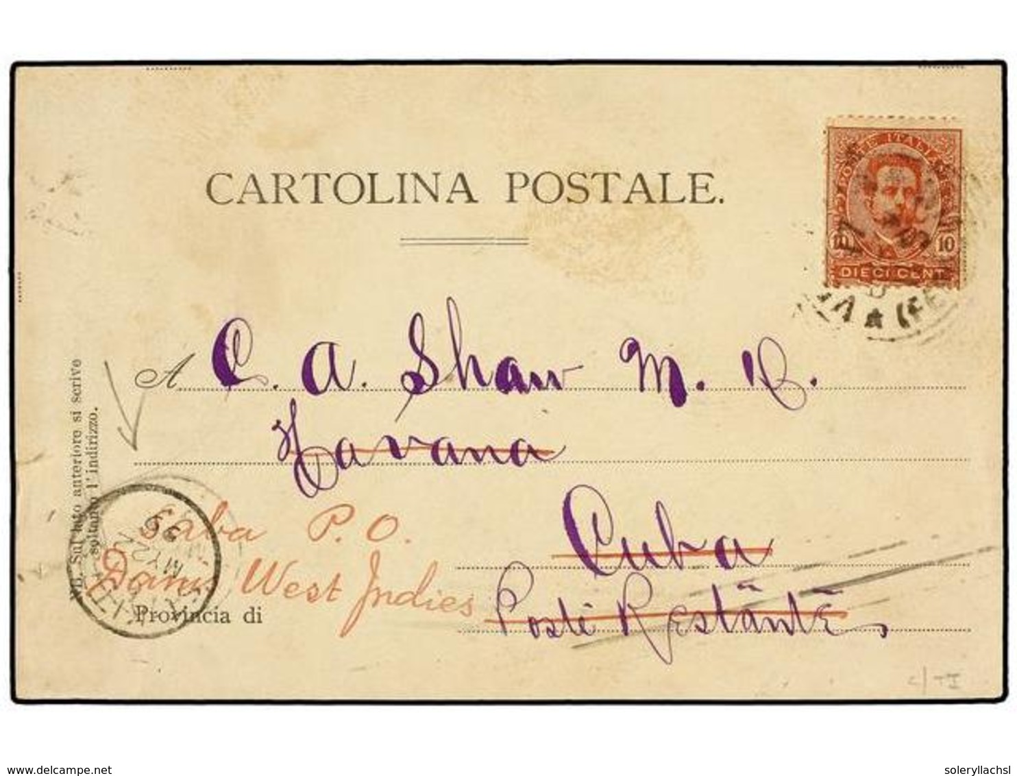 3672 ITALIA. 1899. VENECIA A CUBA Y Reexpedida A SABA (Antillas Holandesas). Tarjeta Postal Con Franqueo De <B>10 Cts.</ - Other & Unclassified