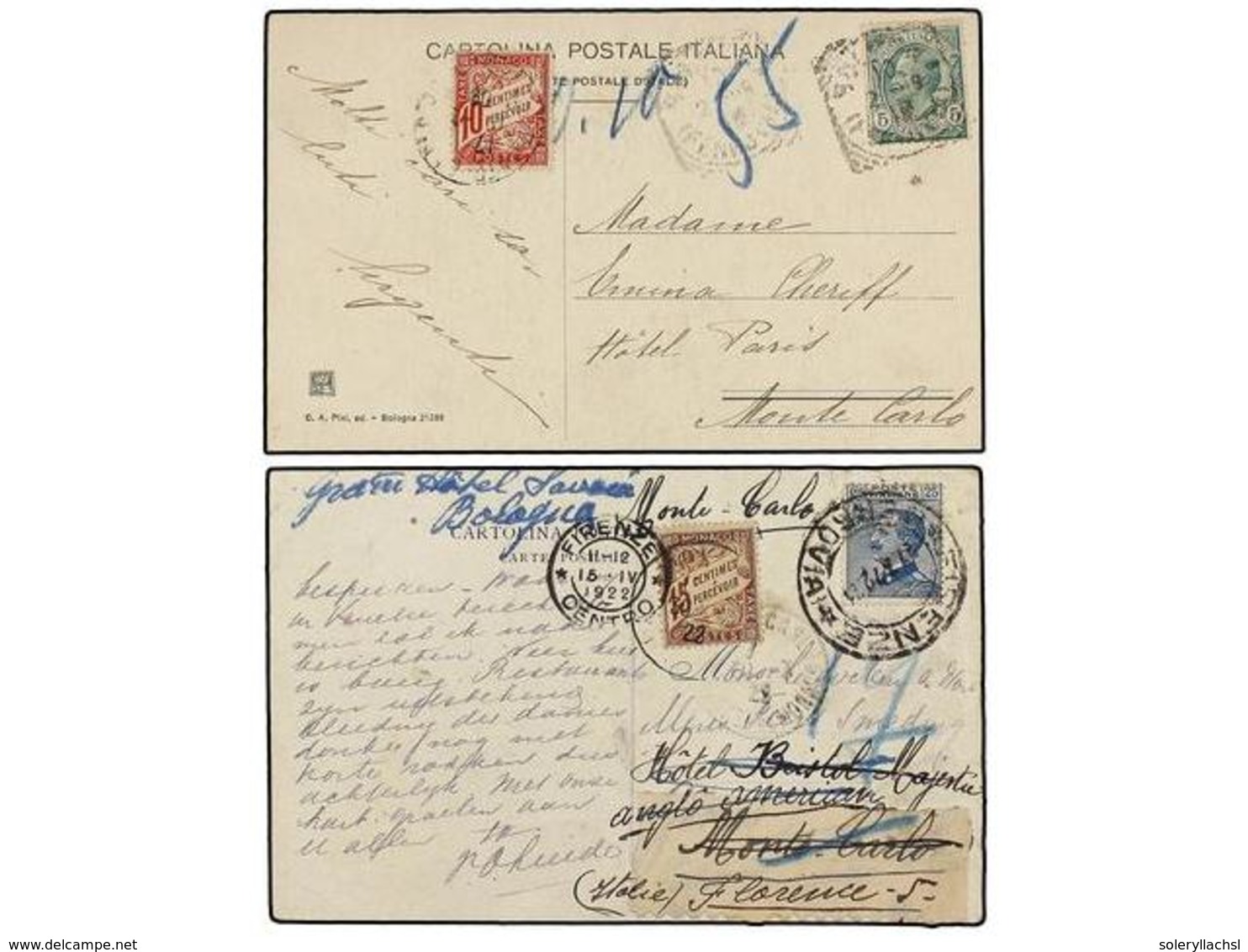 3676 ITALIA. 1909-22. 2 Tarjetas Circuladas A MÓNACO Con Sellos De <B>5 Cts.</B> Verde Y <B>25 Cts. </B>azul Tasados A L - Sonstige & Ohne Zuordnung