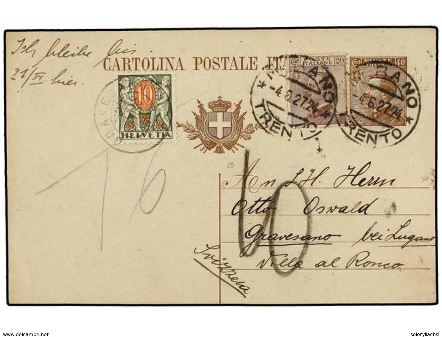 3678 ITALIA. 1924. MERANO A SUIZA. Entero Postal De <B>40 Cts.</B> Castaño Con Franqueo Adicional De <B>20 Cts.</B> Lila - Other & Unclassified