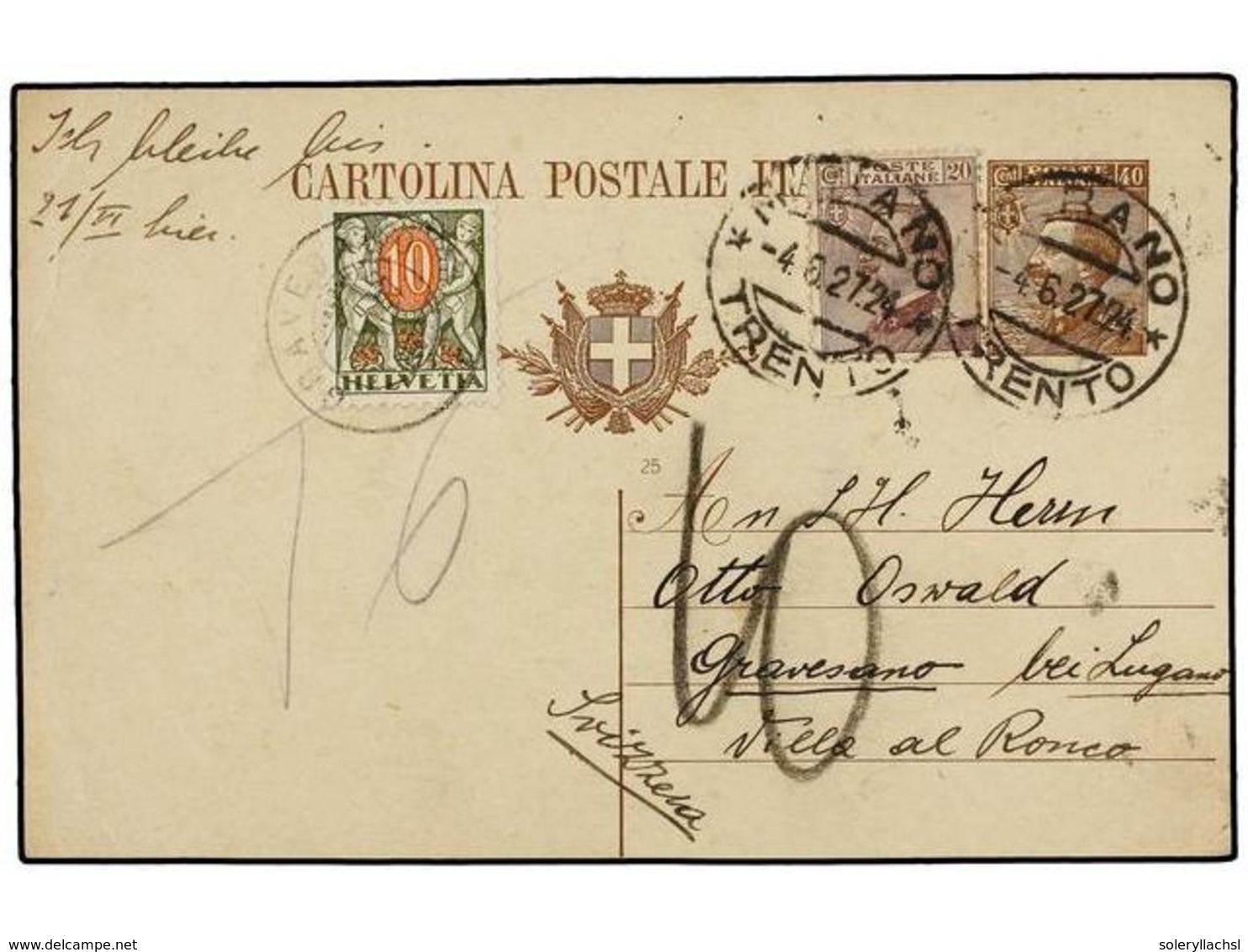 3678 ITALIA. 1924. MERANO A SUIZA. Entero Postal De <B>40 Cts.</B> Castaño Con Franqueo Adicional De <B>20 Cts.</B> Lila - Sonstige & Ohne Zuordnung