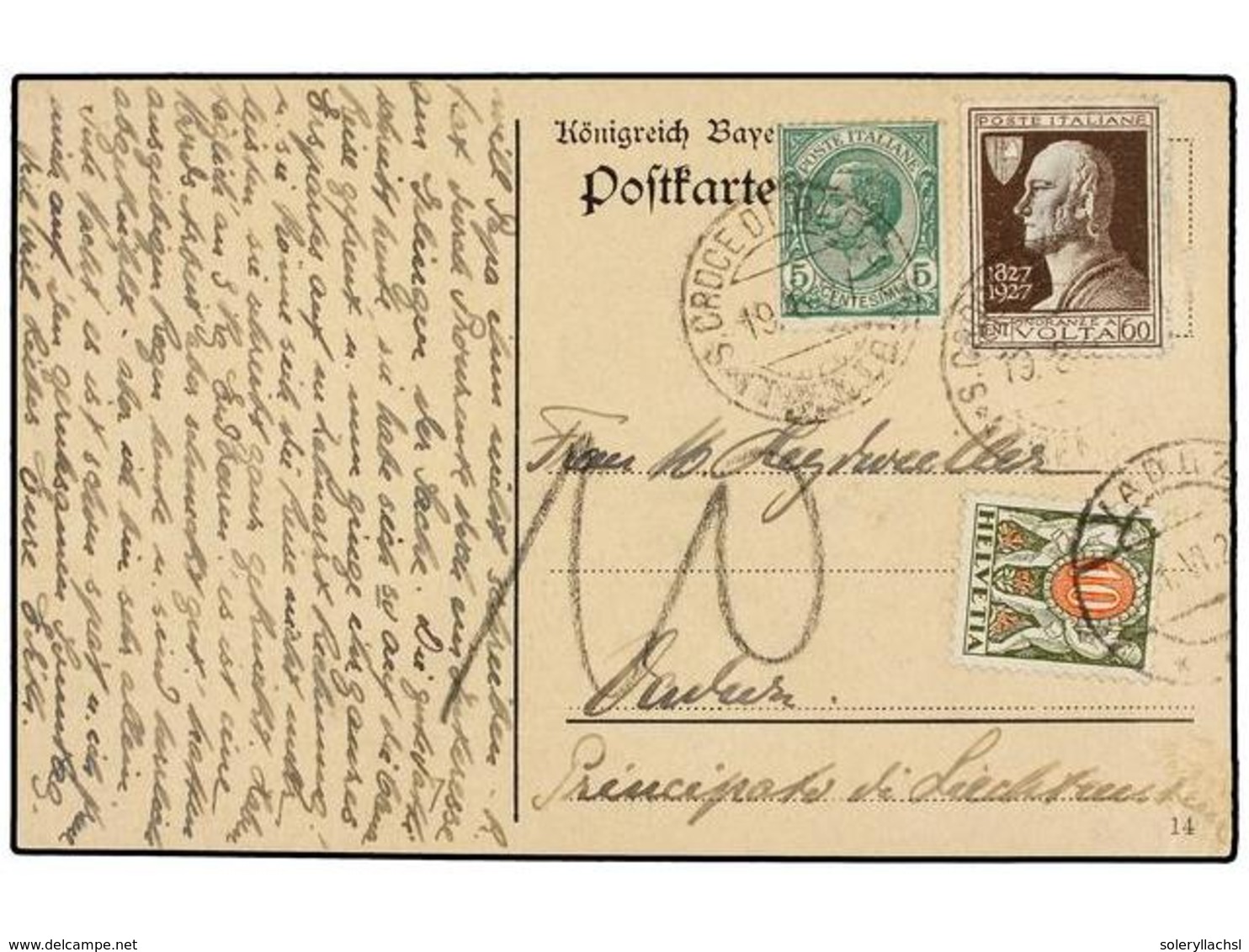 3680 ITALIA. 1927. Tarjeta Postal Circulada A VADUZ (Licechtenstein)<B> 5 Cts. </B>y<B> 60 Cts. </B>tasada A La Llegada  - Sonstige & Ohne Zuordnung