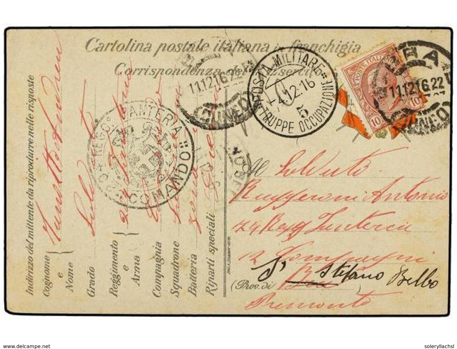 3692 ALBANIA. 1916 (4-12). TARJETA De Franquicia Militar Con Fechador <B>POSTA MILITARE/TRUPPE OCCUPAZIONE/5</B> Y Marca - Sonstige & Ohne Zuordnung