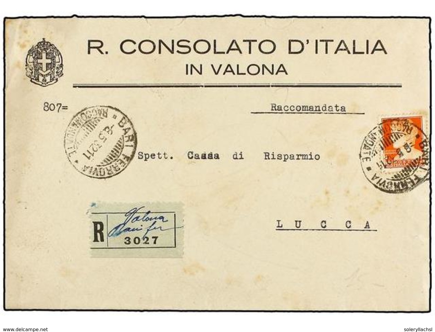 3699 ALBANIA. 1932. VALONA (Albania) A LUCCA (Italia). Carta Certificada Enviada Por Valiza Consular Franqueada A La Lle - Other & Unclassified