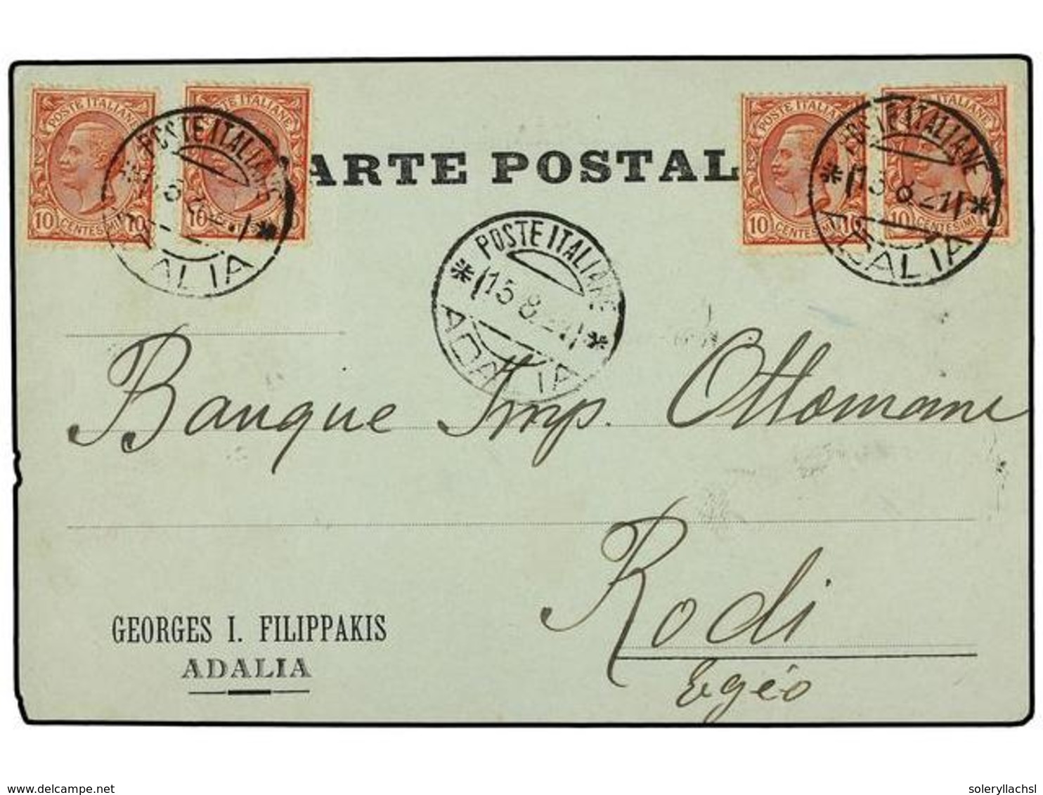 3701 COLONIAS ITALIANAS. 1921 (13-8). <B>ANATOLIA. </B>ADALIA A RODI. Tarjeta Postal Con Franqueo De <B>10 Cts.</B> Rojo - Other & Unclassified