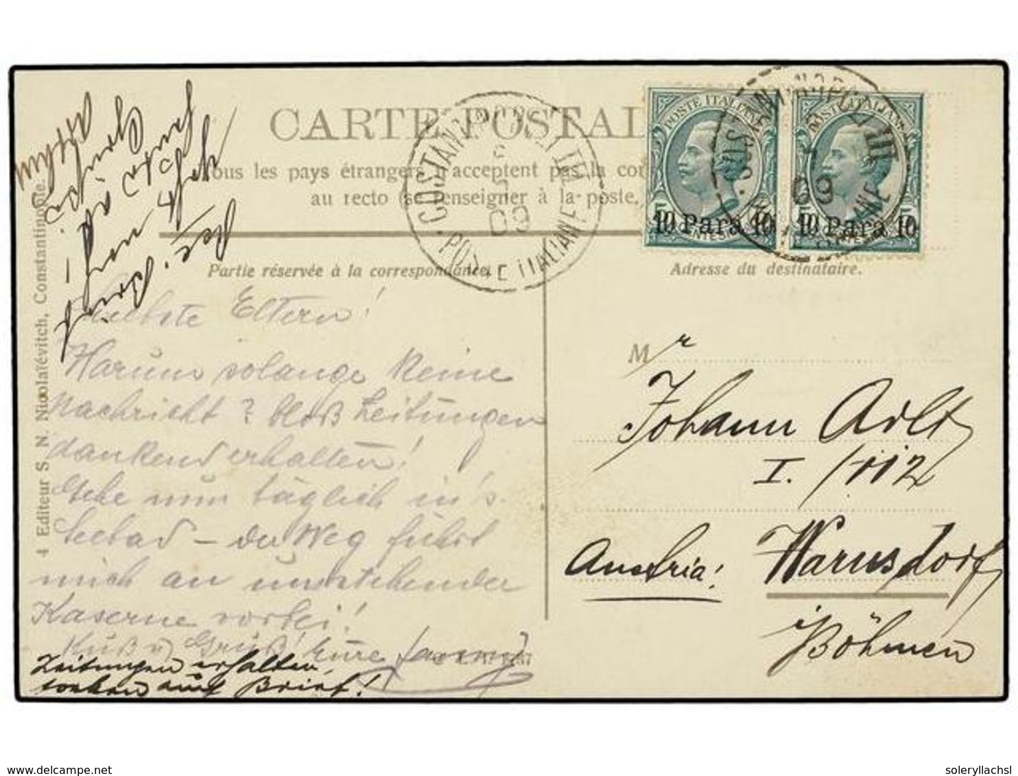 3710 TURQUIA. 1909-10. TRES Tarjetas Circuladas A ITALIA Con Franqueo De <B>10 Para</B> Mat. <B>COSTANTINOPOLI/POSTA ITA - Sonstige & Ohne Zuordnung