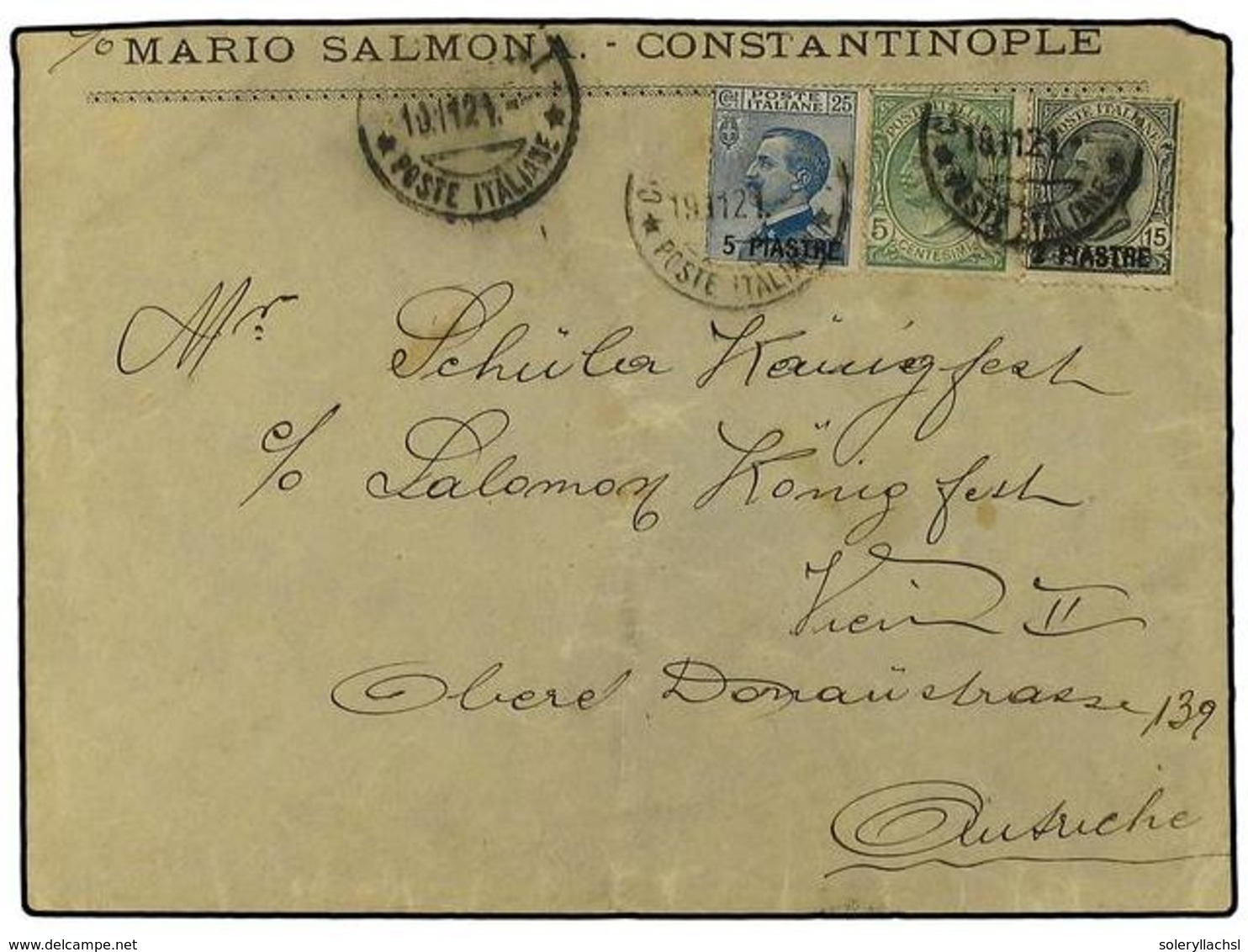 3712 COLONIAS ITALIANAS. 1921. <B>CONSTANTINOPLA. </B>Cover To Vienna Franked By Italy <B>5 C.</B> Green (Scott 94) And  - Sonstige & Ohne Zuordnung