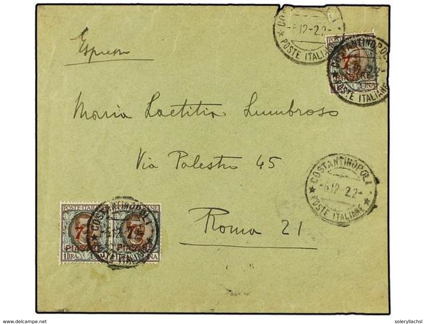 3713 COLONIAS ITALIANAS. Sa.64 (3). 1922. <B>CONSTANTINOPLA. </B>CONSTANTINOPLA A ITALIA. <B>7 1/2 Pi. S. 1 Lira</B> (3) - Sonstige & Ohne Zuordnung