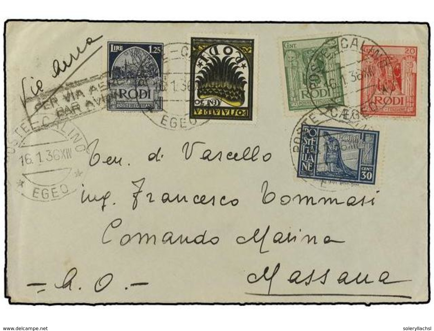 3764 ITALIA: EGEO-RODAS. 1936 (Jan 16). Cover To Massawa, Ethiopia Franked By Rhodes <B>25c</B>. Green, <B>20c</B>. Red, - Sonstige & Ohne Zuordnung