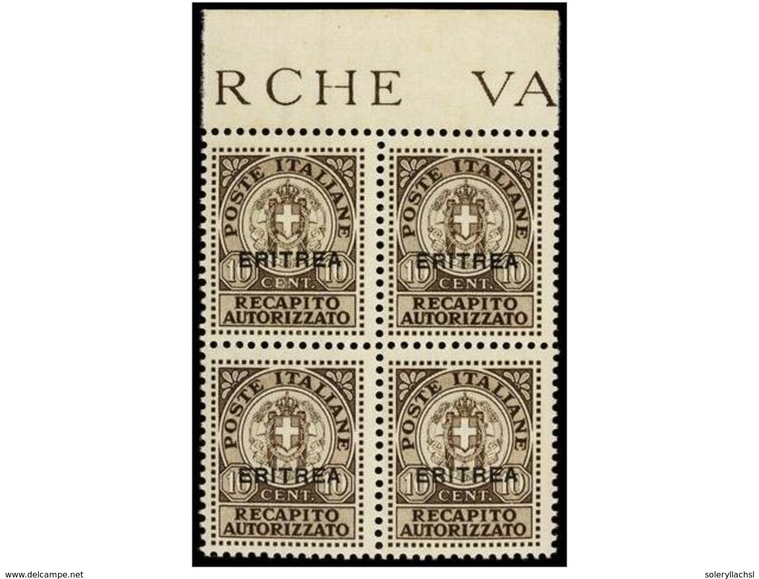 3768 ** ERITREA. Sa.1. 1939. <B>RECAPITO AUTORIZZATO. 10 Cts.</B> Brown. Block Of Four, Never Hinged. Sassone.300?. - Sonstige & Ohne Zuordnung