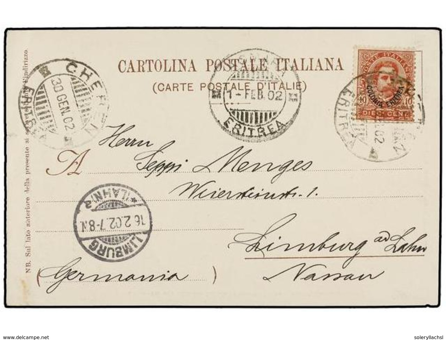 3790 ERITREA. Sa.15. 1902. CHERON A ALEMANIA. Tarjeta Postal Circulada Con Sello De <B>10 Cts.</B> Rojo, Mat. <B>CHEREN/ - Other & Unclassified