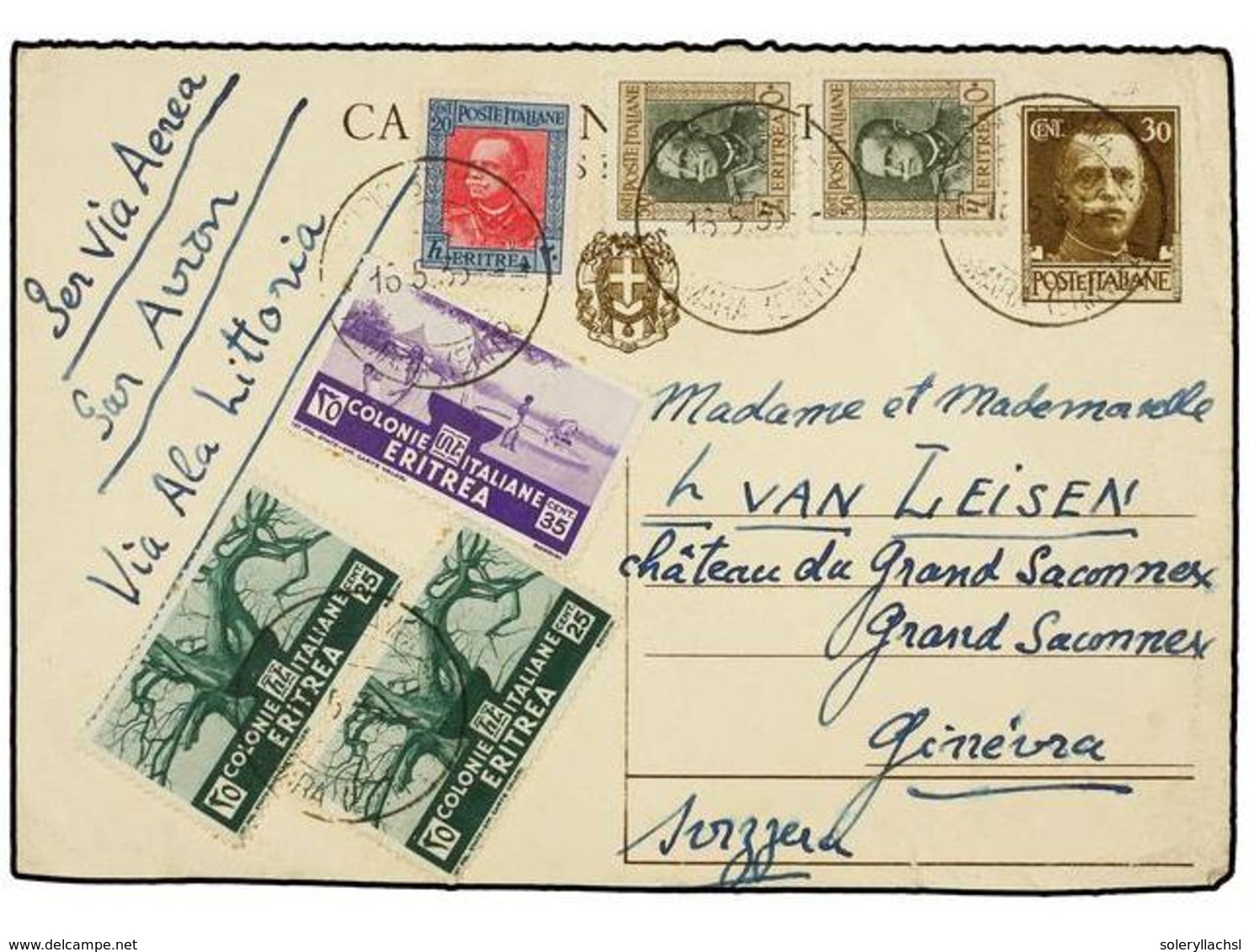 3797 ERITREA. Sa.196, 199 (2), 207 (2), 208. 1936. ASMARA A SUIZA. Entero Postal De <B>30 Cts.</B> Con Precioso Franqueo - Sonstige & Ohne Zuordnung