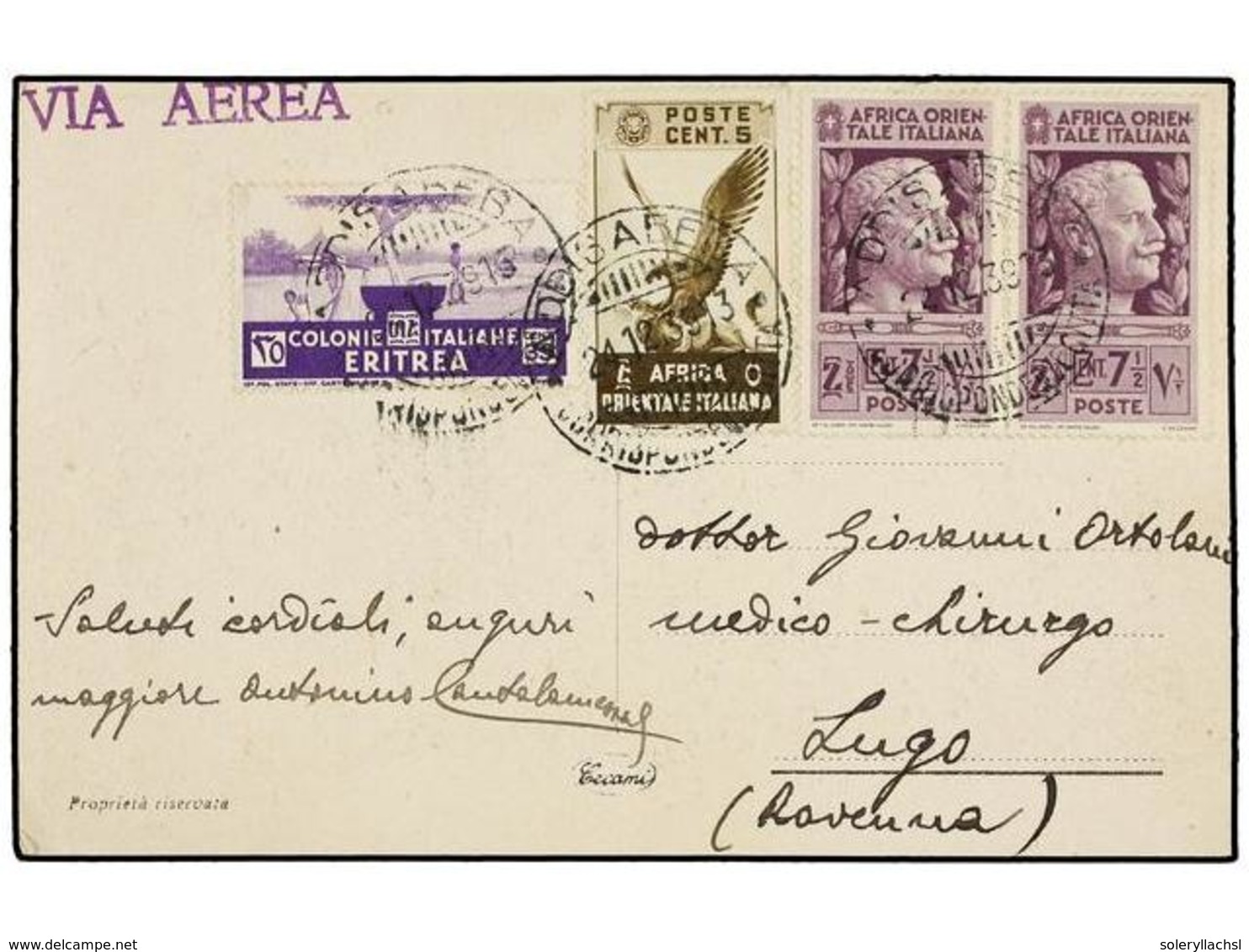 3809 ETIOPIA. 1939. ADDIS ABEBA A ITALIA. Tarjeta Postal Franqueada Con Sellos De <B>5 Cts., 7 1/2 Cts.</B> (2) Y <B>35  - Sonstige & Ohne Zuordnung