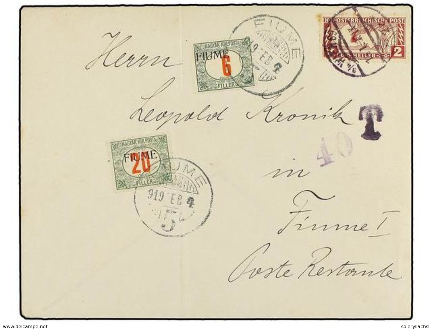 3812 ITALIA: FIUME. 1919. VIENA A FIUME. <B>2 Ch. </B>violeta, Tasada A La Llegada Con Sellos De <B>6 Fi. </B>y<B> 20 Fi - Other & Unclassified