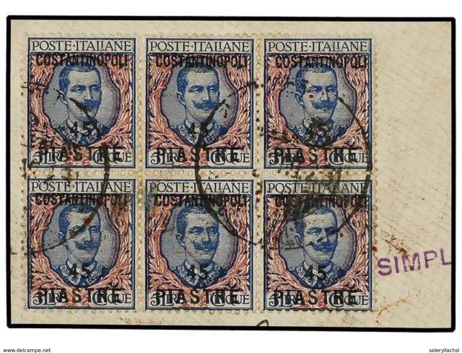 3823 LEVANTE: CORREO ITALIANO. Sa.83(6). 1923. <B>45 Pi. S. 5 Lire.</B> Bloque De Seis Sobre Fragmento. MAGNÍFICO. - Sonstige & Ohne Zuordnung